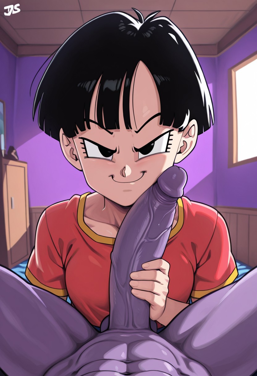 1alien, 1boy, 1girls, 2025, ai generated, alien, anthro, bedroom, beerus, big penis, bigtub7775, black hair, d-art style, dragon ball, dragon ball gt, dragon ball super, erection, female, huge cock, interspecies, looking at viewer, male, male anthro/female human, male pov, pan (dragon ball), penis, pov, short hair, smile, smiling at viewer, tagme, violet body
