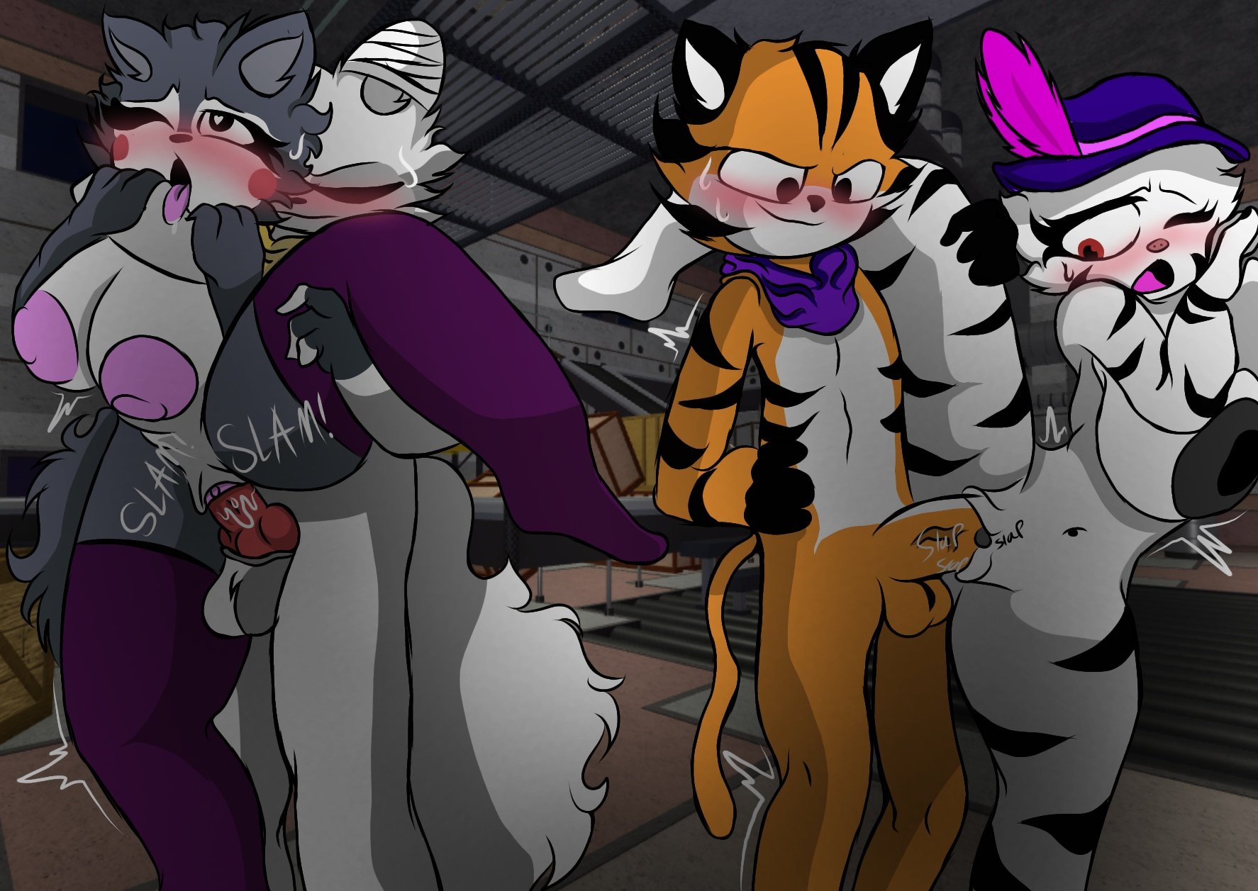 2boys, 2d, 2d (artwork), 2girls, anthro, axel (roboticcircuit), big breasts, blush, breasts, breasts out, closed eyes, female, furry female, furry only, kate (adorablebunny17), lifting leg, looking pleasured, male, male/female, naked, naked female, naked male, no toes, nude, nude female, nude male, one eye closed, open mouth, penis, piggy (game), pussy, roboticcircuit, sex, the silver paw (piggy), thigh highs, thighhighs, tigry (piggy), tongue, tongue out, vaginal penetration, willow (piggy), wolf, wolf ears, wolf girl, wolf tail, zizzy (piggy) (cosplay)