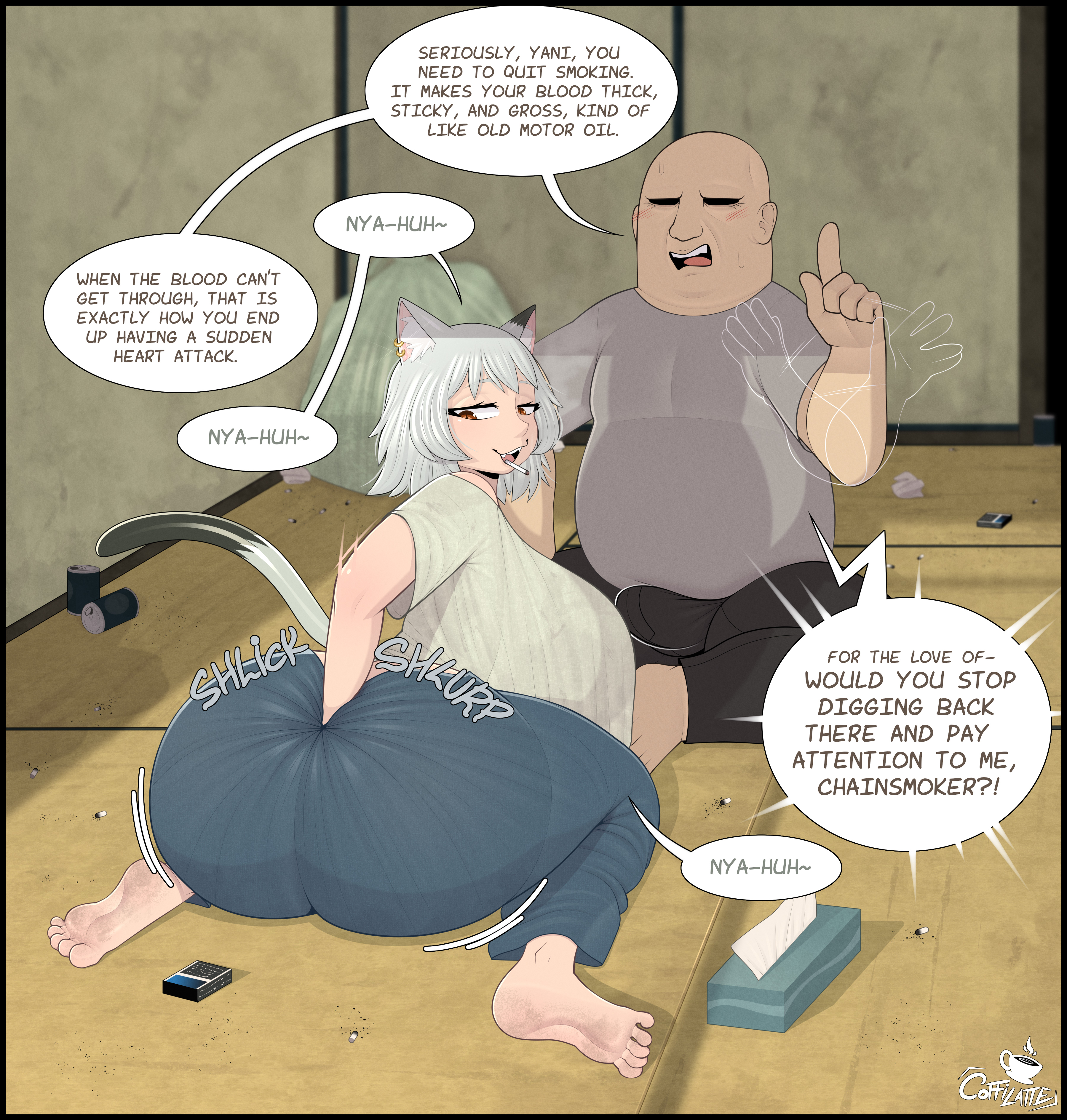 1boy, 1girls, 2026, absurd res, animal humanoid, bald, bald male, big ass, big breasts, big penis, biped, blushing, bottomwear, breasts, brown eyes, bubble butt, bulge, bulge down leg, bulge through clothing, butt, butt digging, casual, casual exposure, cat ears, cat humanoid, cat tail, catgirl, chainsmoker cat, child bearing hips, cigarette, clothed, clothing, coffilatte, dat ass, detailed background, dialogue, digging into butt, digging up in they ass, digital drawing (artwork), digital media (artwork), dumptruck ass, duo, earrings, english text, fat, fat ass, fat male, felid, felid humanoid, feline, feline humanoid, female, grey hair, hair, hi res, horny, horny male, huge ass, huge breasts, huge cock, human, human male, humanoid, imminent rape, imminent sex, inside, kemonomimi, kneeling, looking at partner, looking back, looking pleasured, male, male/female, mammal, mammal humanoid, nasty, ooya (yani neko), oya ohtani, posing, posing for the viewer, scratching, scratching butt, slob, smoking, smoking cigarette, speech bubble, text, thick thighs, thunder thighs, topwear, white hair, yani neko, yani neko (yani neko), yaniko satou