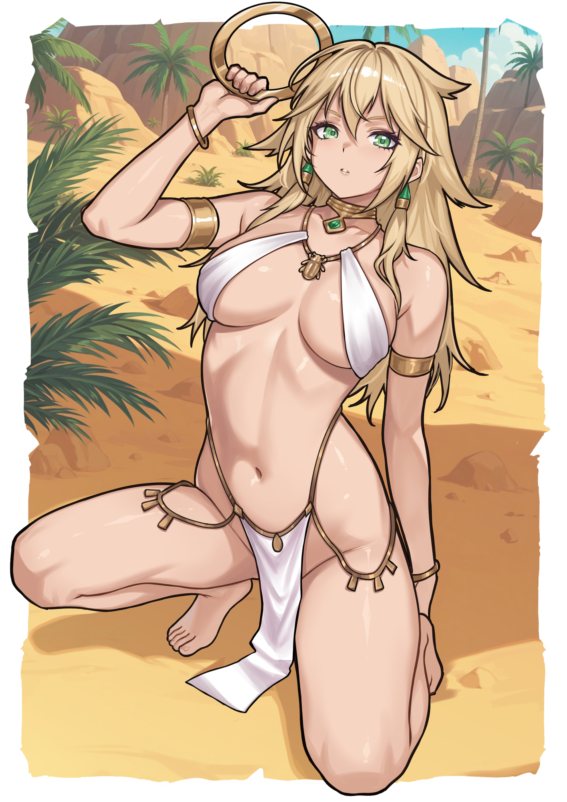 blonde hair, breasts, desert, egyptian, female, green eyes, jewelry, loincloth, original character, palm tree, pelvic curtain, redjet, rigel (redjet), shiny skin, wide hips