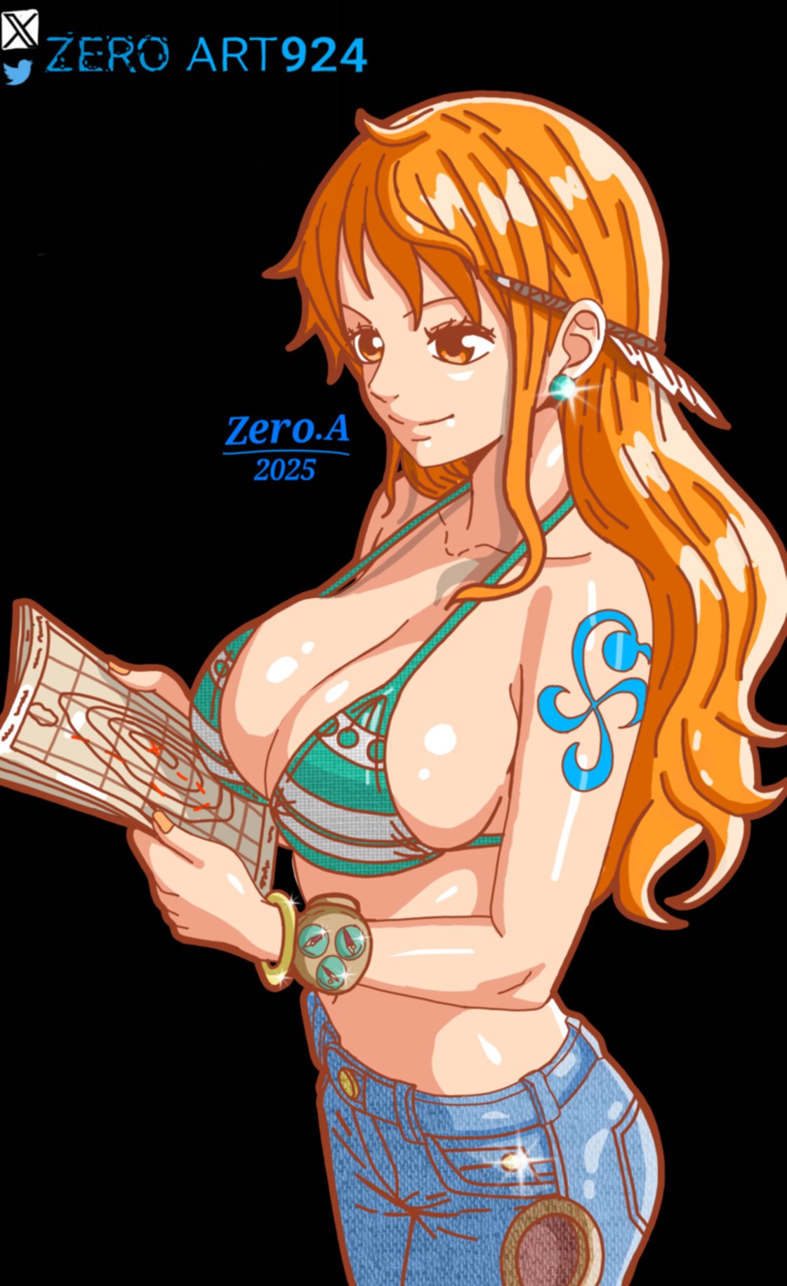 1girls, 2025, arm tattoo, artist name, big breasts, bikini top, blue tattoo, bracelet, breasts, busty, clothing, earrings, feather pen, female, female only, light skin, light-skinned female, log pose, map, nami (one piece), one piece, orange eyes, orange hair, orange-haired female, tattoo, zeroart924