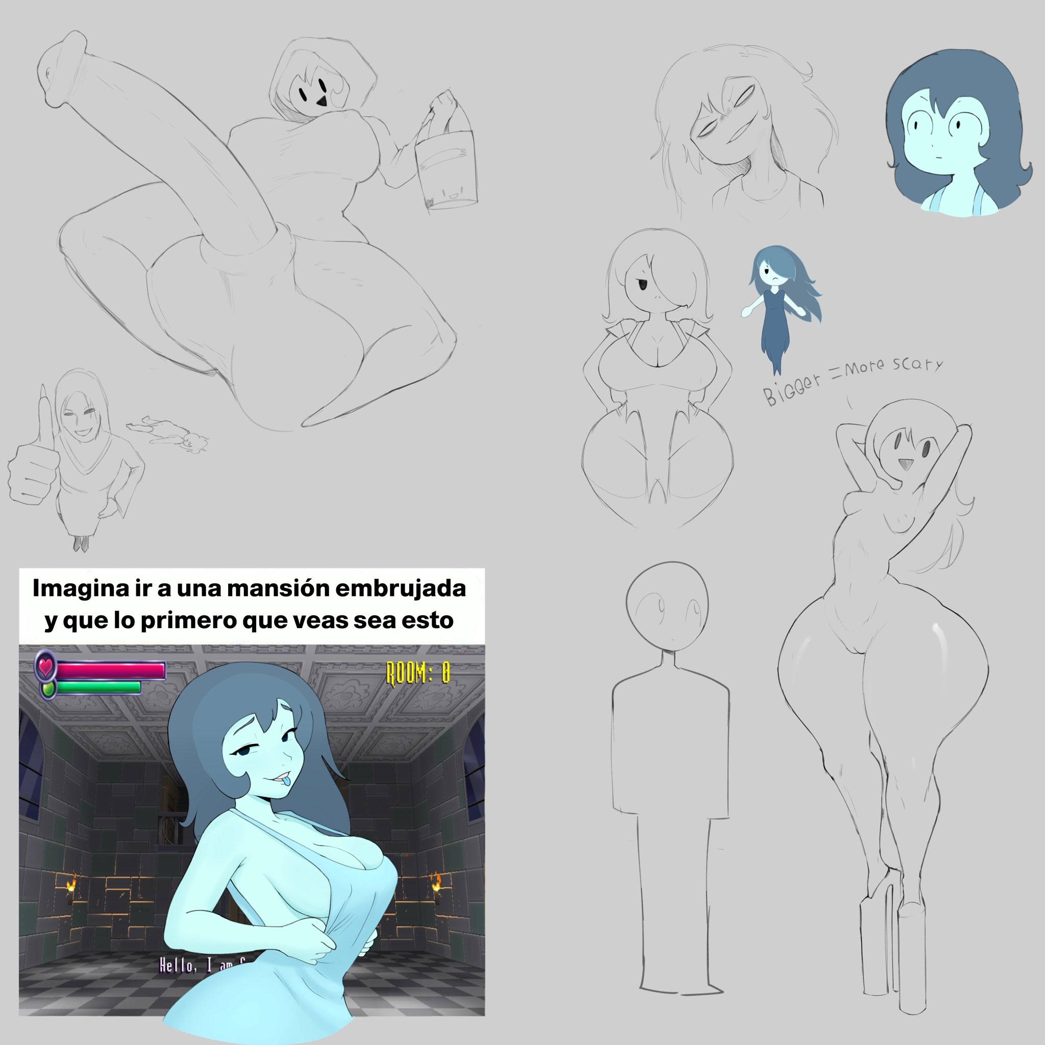 1futa, 1girls, balls, big balls, big boobs, big breasts, big testicles, blue body, blue hair, blue skin, boobs, breasts, clothing, dress, futanari, ghost, ghost girl, hair over one eye, heels, hoodie, horse penis, horsecock, horsecock futa, huge balls, huge boobs, huge breasts, huge testicles, megamor, meme, neckline, pussy, ringu (shojs), simple background, spanish text, specimen 4, spooky (shojs), spooky's house of jump scares, testicles, text, wide hips