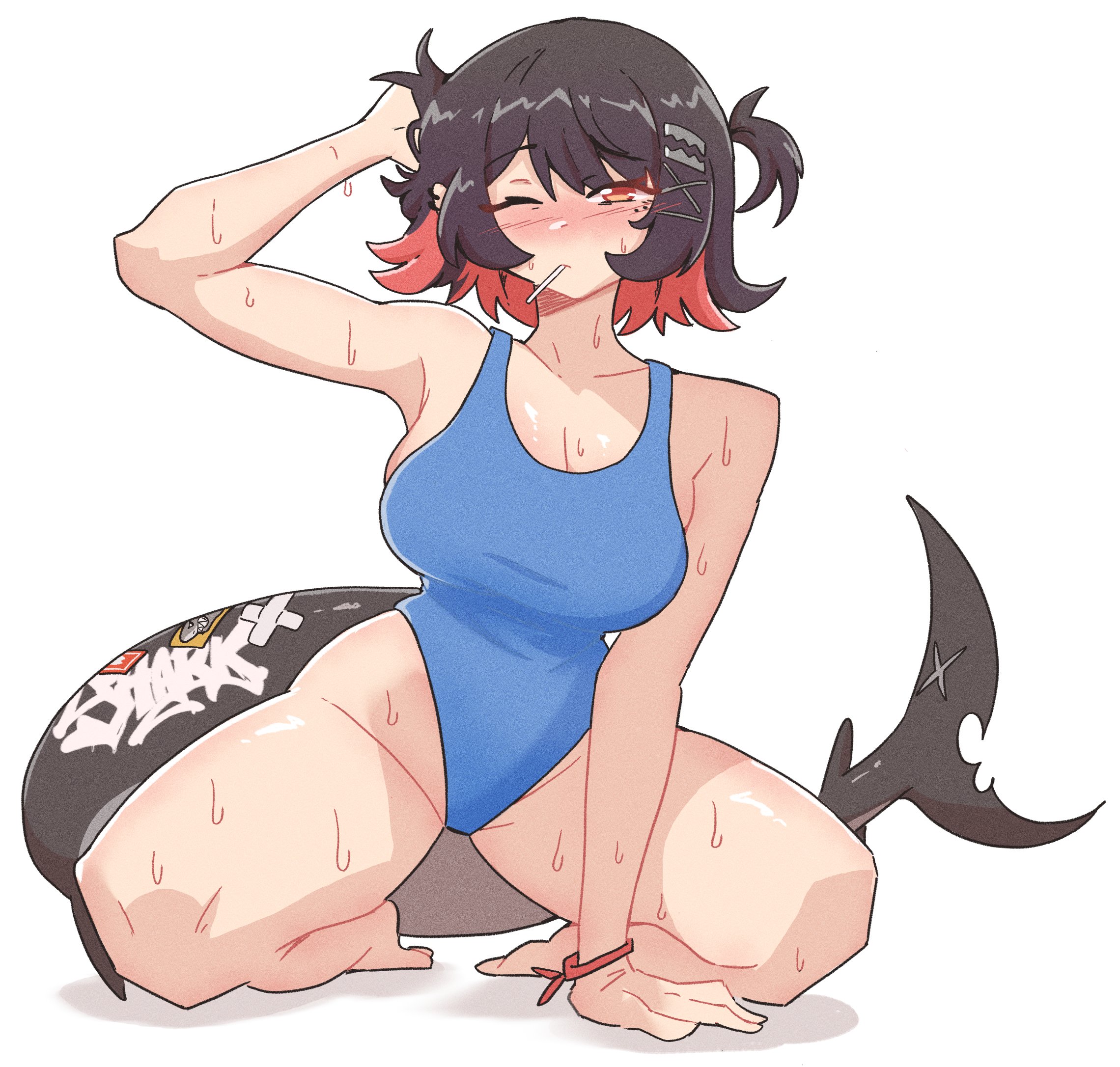1girls, breasts, daichidraw, ellen joe, female, female focus, female only, large breasts, light skin, light-skinned female, looking at viewer, shark girl, solo, thick thighs, thighs, white background, wide hips, zenless zone zero