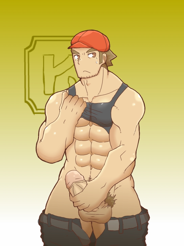 1boy bara datsura_(pokemon) facial_hair human male male_only masturbation muscle noland_(pokemon) partially_clothed penis pokemon pubic_hair shirt_lift solo source_request testicles