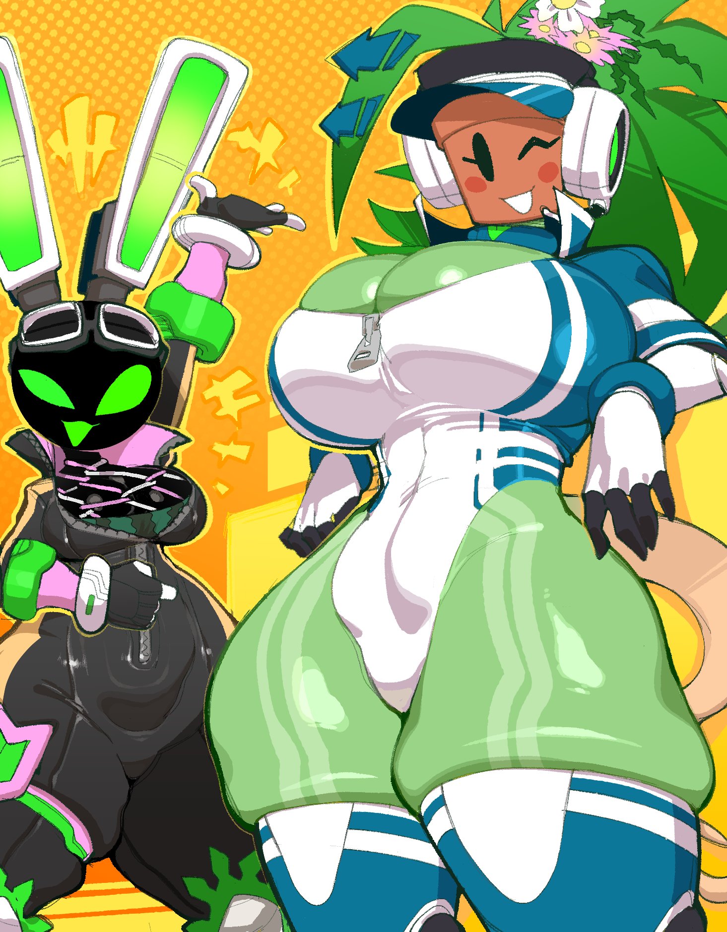 2girls, big ass, big breasts, blaster master, breasts, bunny girl, bursting breasts, female, female focus, female only, fully clothed, goatboydraws, green body, green skin, headgear, headwear, huge breasts, kanna (blaster master), large ass, large breasts, long eyelashes, looking at viewer, plant, plant girl, project turboblast, robot, robot girl, robot humanoid, tempo (project turboblast), voluptuous, voluptuous body, voluptuous female