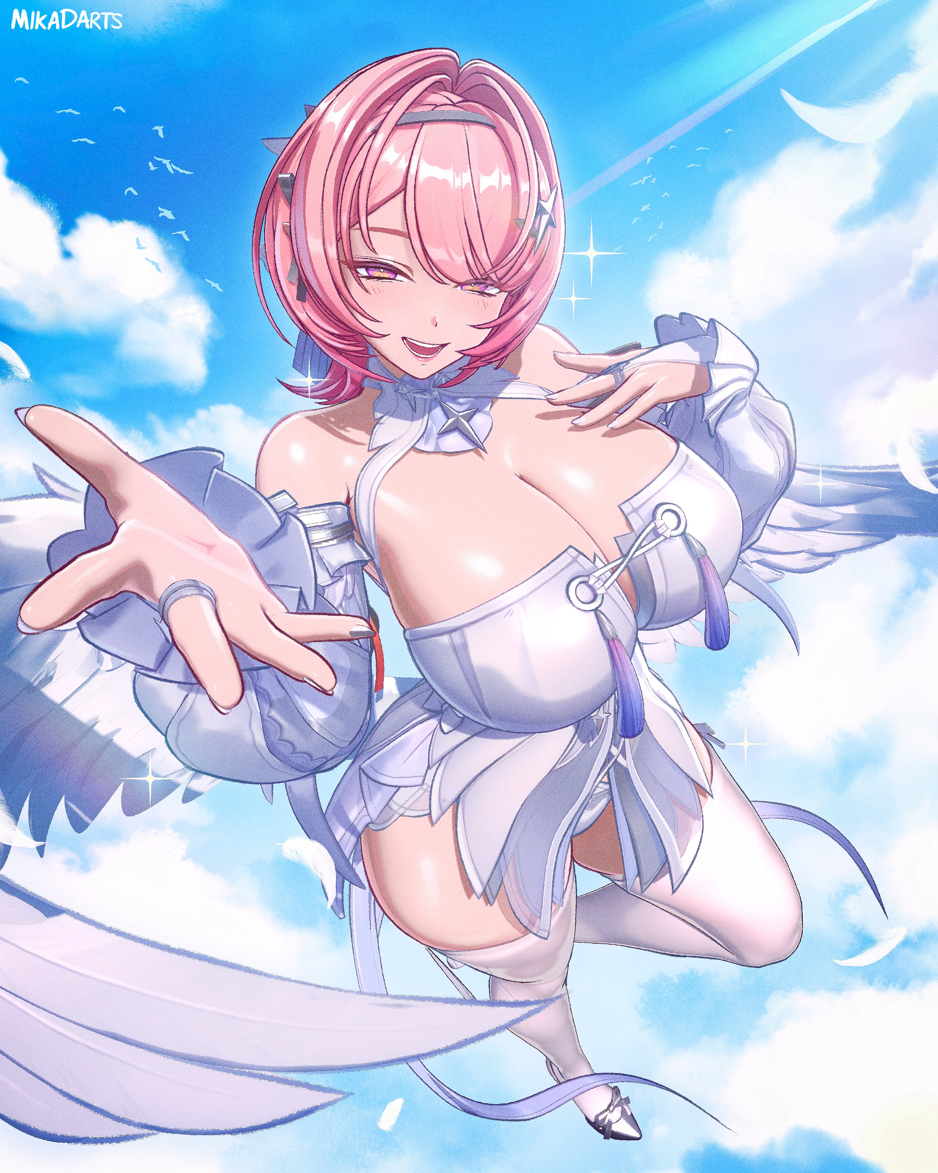 1girls, 3d, breasts, colored nails, female, female focus, female only, huge breasts, large breasts, light skin, light-skinned female, long nails, looking at viewer, mikadawn, painted nails, remielle dan, silver nails, solo, thick thighs, thighs, wide hips, wings, zenless zone zero