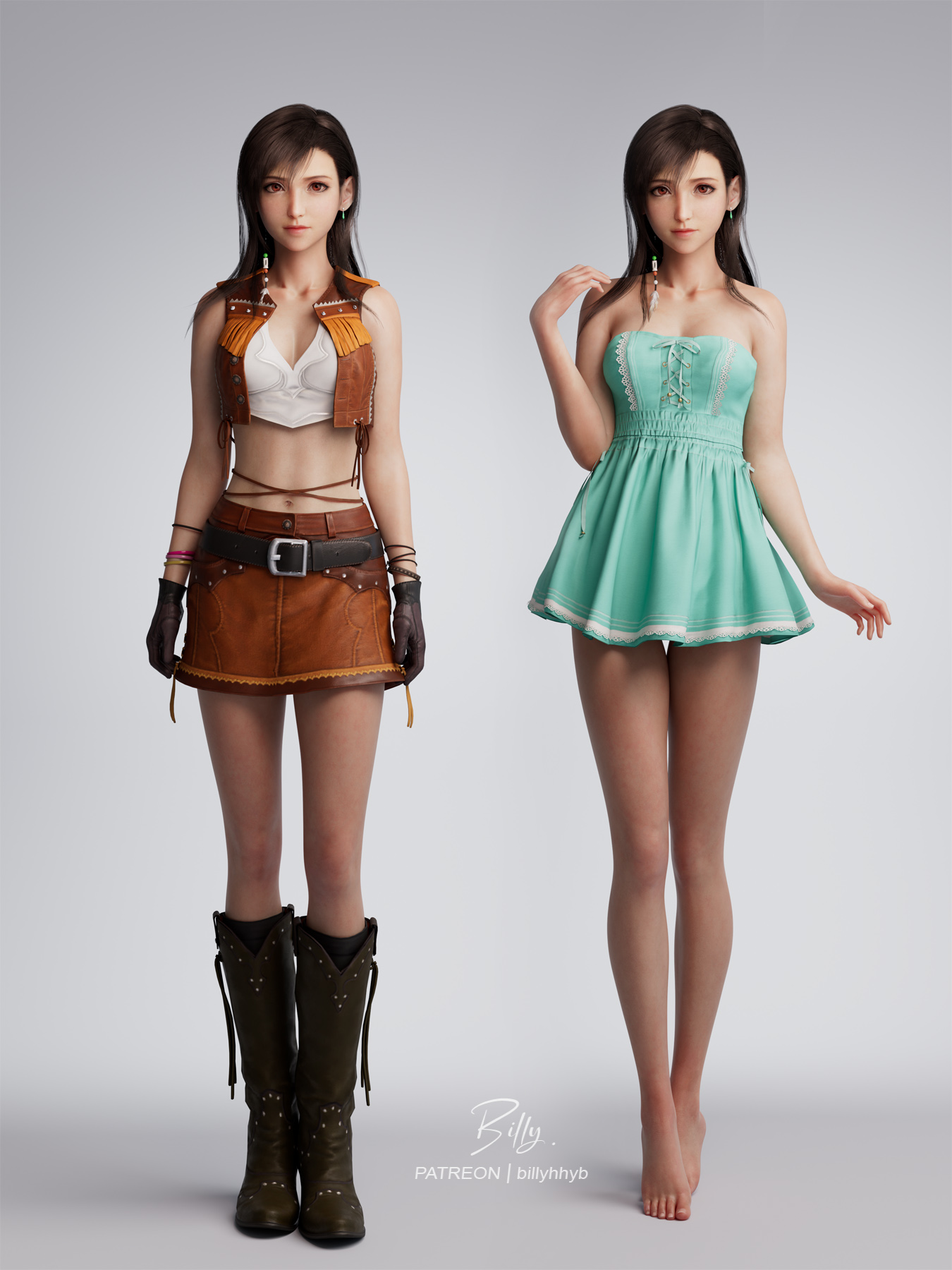 1girls, 3d, 3d (artwork), aged down, bare shoulders, barefoot, billyhhyb, black hair, boots, breasts, cleavage, clothed, clothed female, cowgirl outfit, female, female focus, female only, final fantasy vii, final fantasy vii remake, full body, green dress, light skin, light-skinned female, long hair, looking at viewer, midriff, navel, outfit, red eyes, short dress, short skirt, skirt, small breasts, solo, solo female, teenage female, teenage girl, teenager, thigh gap, thighs, tifa lockhart, young, younger female