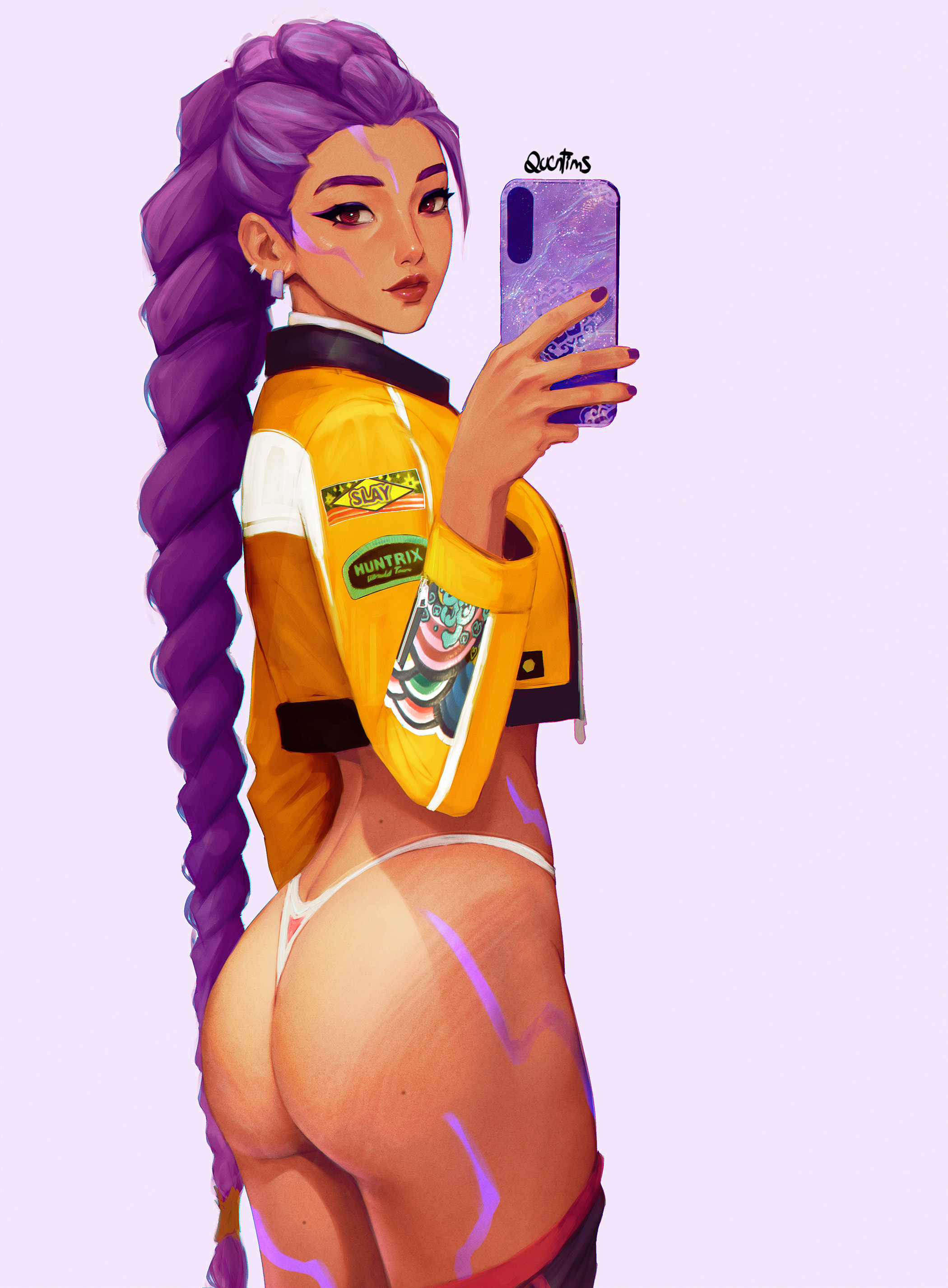 1female, 1females, 1girls, ass, female, female focus, female only, kpop demon hunters, long hair, looking at viewer, purple hair, quentims, rumi (kpop demon hunters), solo, solo focus, standing, underwear