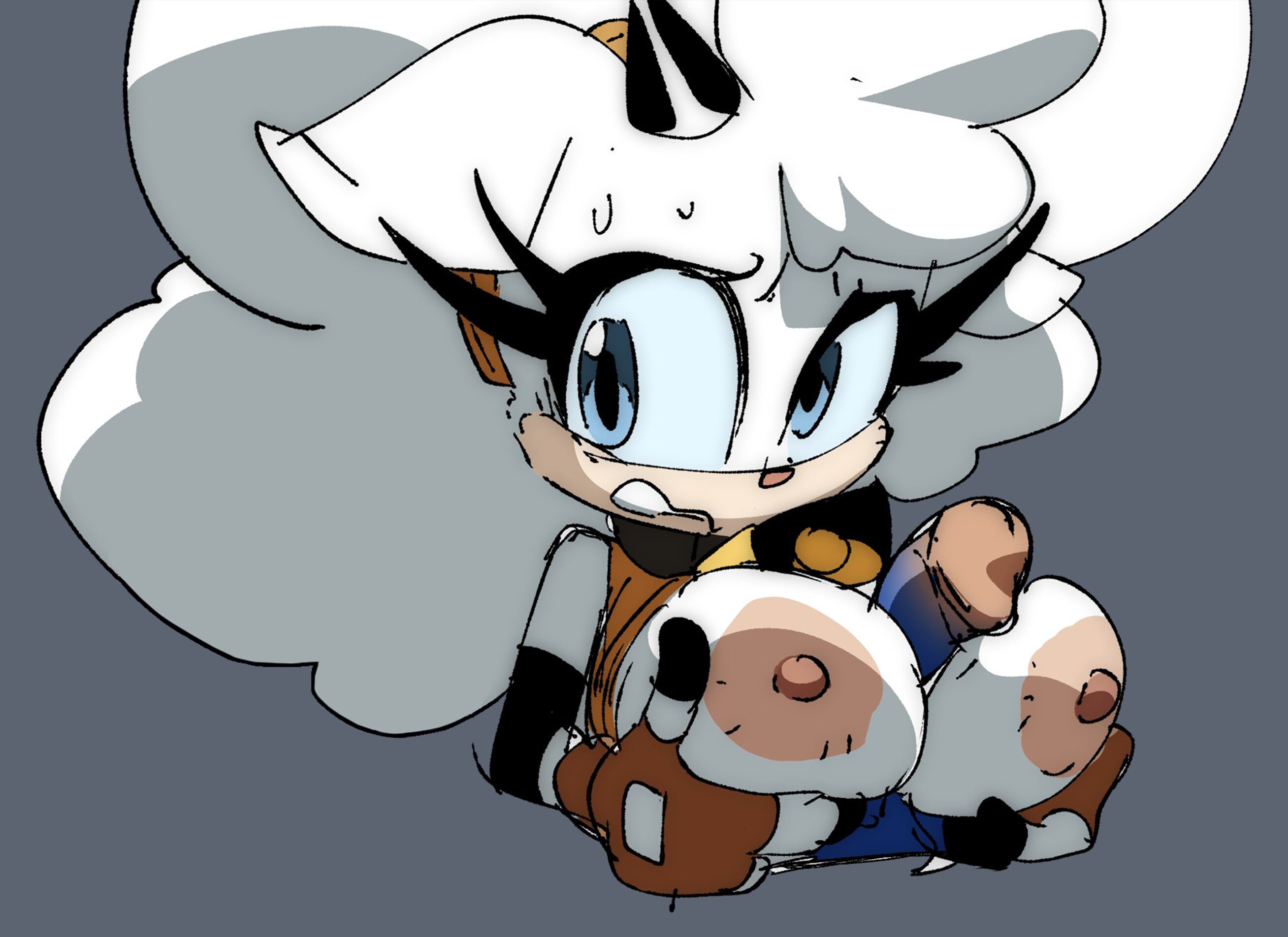 1boy, 1girls, animal ears, animal nose, anthro, arm warmers, averting eyes, bare shoulders, bell, between breasts, big hair, black sleeves, blue eyes, body fur, breast press, breasts, clenched teeth, clothing, coolerinker, crop top, detached sleeves, disembodied penis, duo the cat, eyelashes, female, fingerless gloves, furrowed brow, furry, grey background, hairband, half-closed eye, hetero, horns, inker comics, inkershike, lanolin the sheep, long hair, looking to the side, male, mimic the octopus, neck bell, nervous, nipples, open mouth, orange gloves, orange shirt, paizuri, penis, phallic symbol, raised eyebrow, raised eyebrows, red gloves, shirt, simple background, single horn, sitting, sleeveless, sleeveless shirt, solo, solo focus, sonic (series), sweat, sweatdrop, teeth, uneven eyes, white fur, white hair