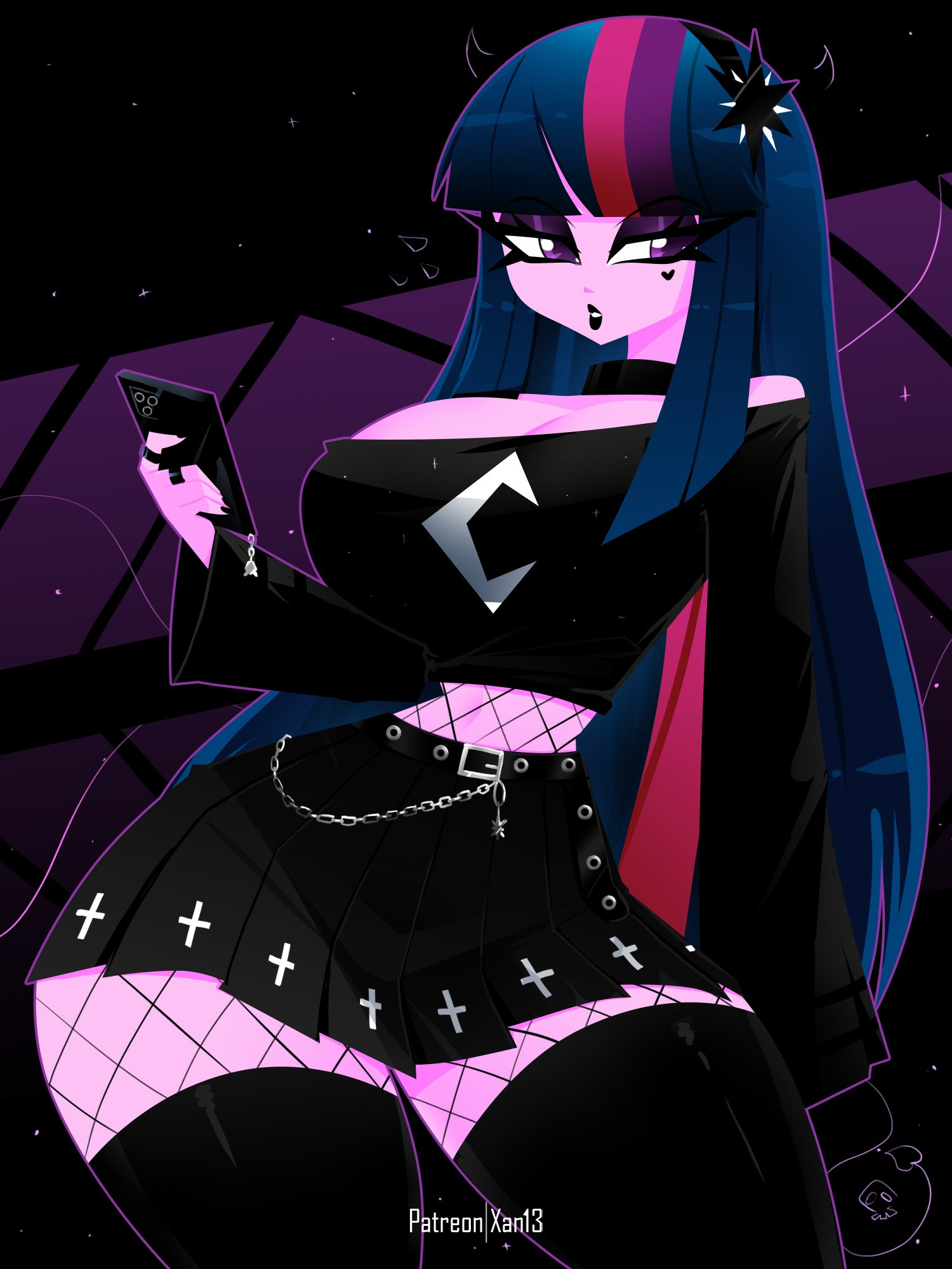 black lipstick, black skirt, black stockings, black topwear, equestria girls, fishnets, goth, goth girl, holding object, my little pony, patreon watermark, purple eyes, twilight sparkle (eg), twilight sparkle (mlp), xan-gelx (xan)