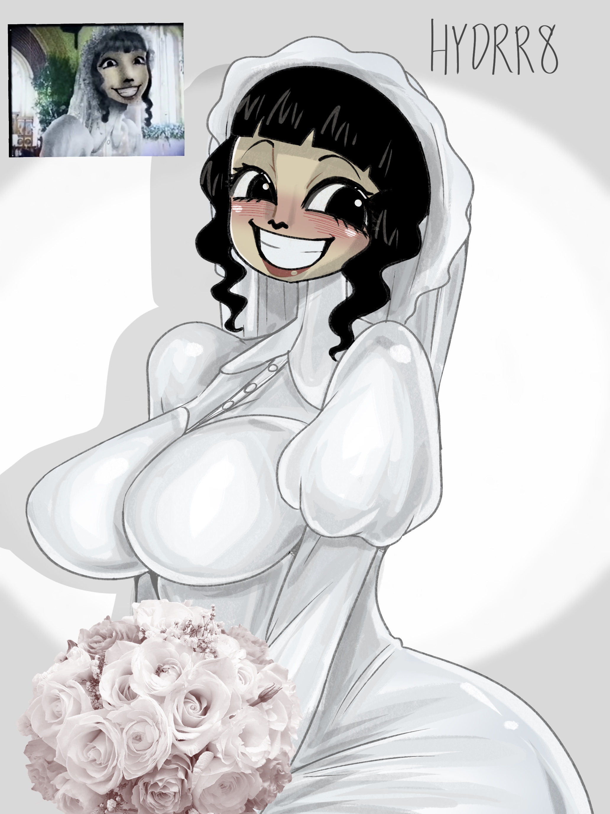 2d, 2d (artwork), blush, bouquet, digital drawing (artwork), digital media (artwork), flowers, grin, hydrr8, married, married female, rosemary walten, sketch, smile, smiling at viewer, the walten files, wedding, wedding dress, wedding veil, white background