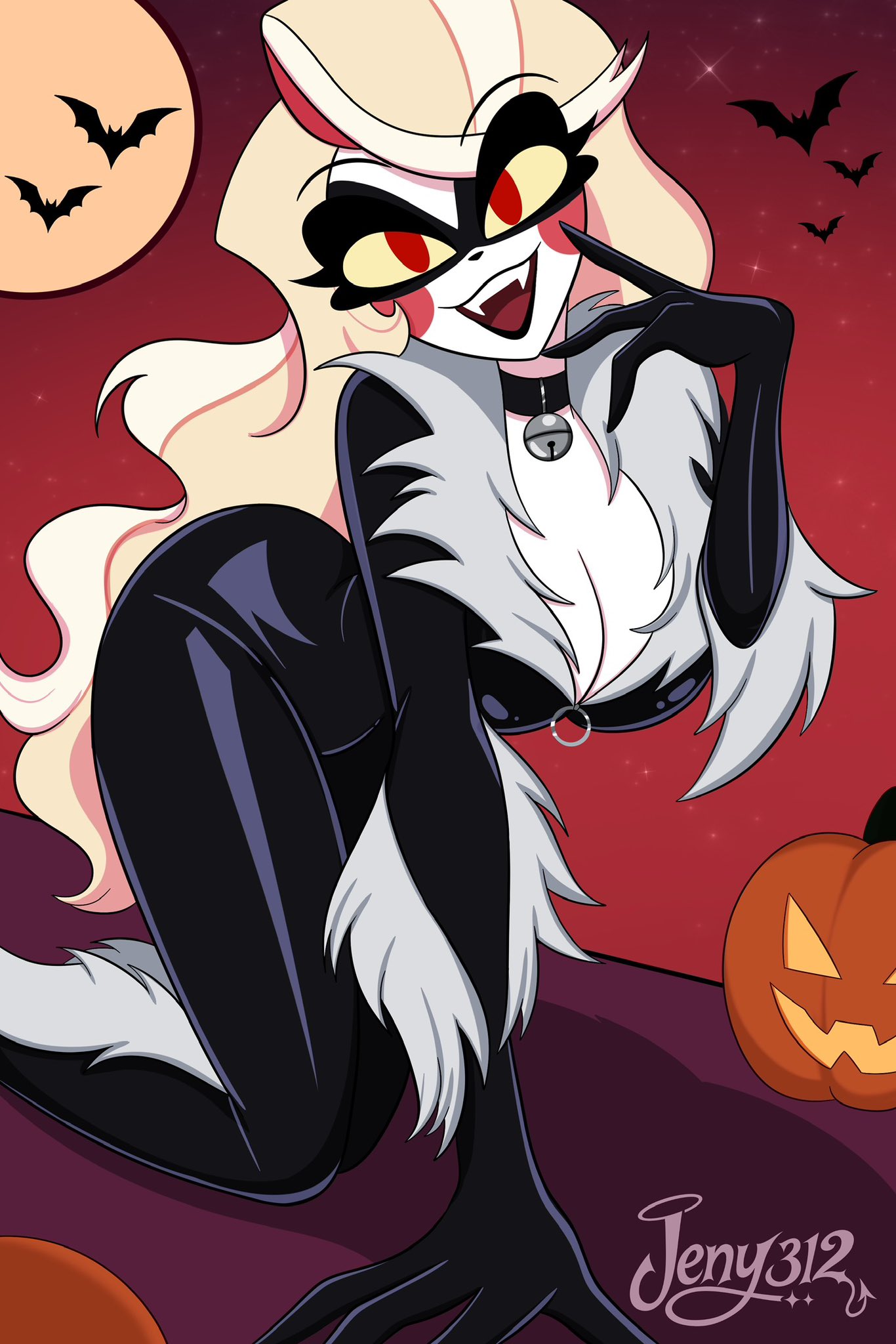1girl, 1girls, amazon prime, big breasts, black cat (cosplay), bodysuit, breasts, cartoon, charlie morningstar, charlie morningstar (hazbin hotel), cleavage, fangs, halloween, halloween costume, halloween decoration, halloween pumpkin, halloween theme, hazbin hotel, hazbin hotel (season 2), hellaverse, jack-o'-lantern, jeny 312, legs, marvel, mouth open, open mouth, perky breasts, red cheekdots, red cheeks, smile, smiling, spider-man (series), spindlehorse toons, thighs, twitter, vivienne medrano, vivziepop, white body, white skin