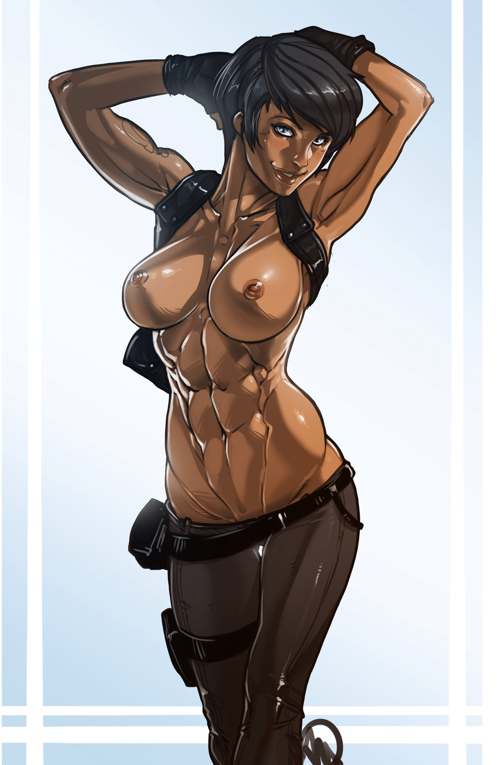 abs, armpits, arms up, beauty mark, belt, black hair, breasts, female, ganassa, gloves, large breasts, mole, muscular, muscular female, navel, nipples, short hair, smile, solo, standing, thigh gap, veronica hawke