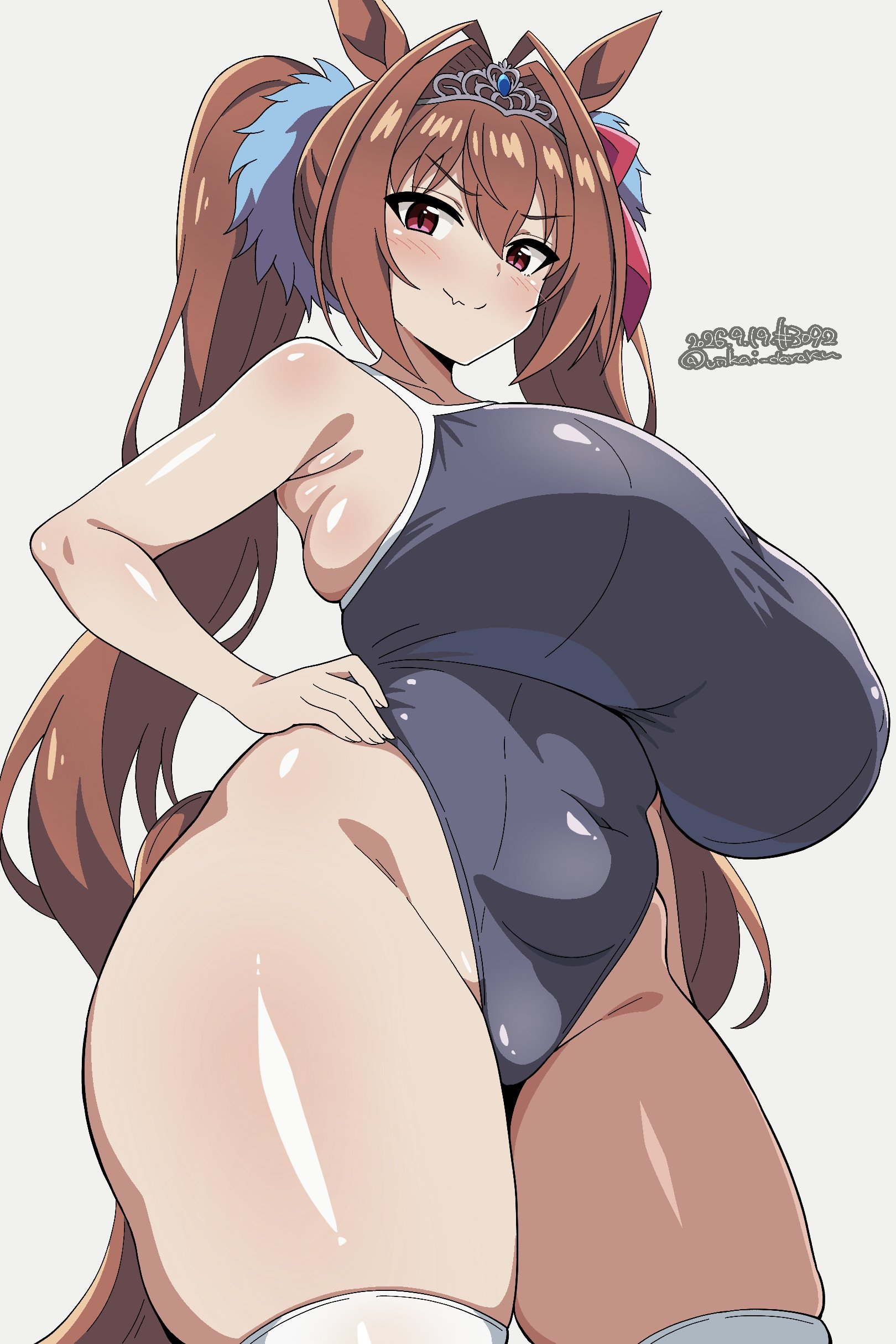 1girl, absurdres, animal ears, blush, breasts, brown eyes, brown hair, commentary request, crown, daiwa scarlet (umamusume), dated, feet out of frame, hair intakes, hand on own hip, highres, horse ears, horse girl, horse tail, huge breasts, long hair, looking at viewer, one-piece swimsuit, simple background, smile, solo, swimsuit, tail, teeth, thighhighs, twintails, twitter username, umamusume, unkai daraku, white thighhighs