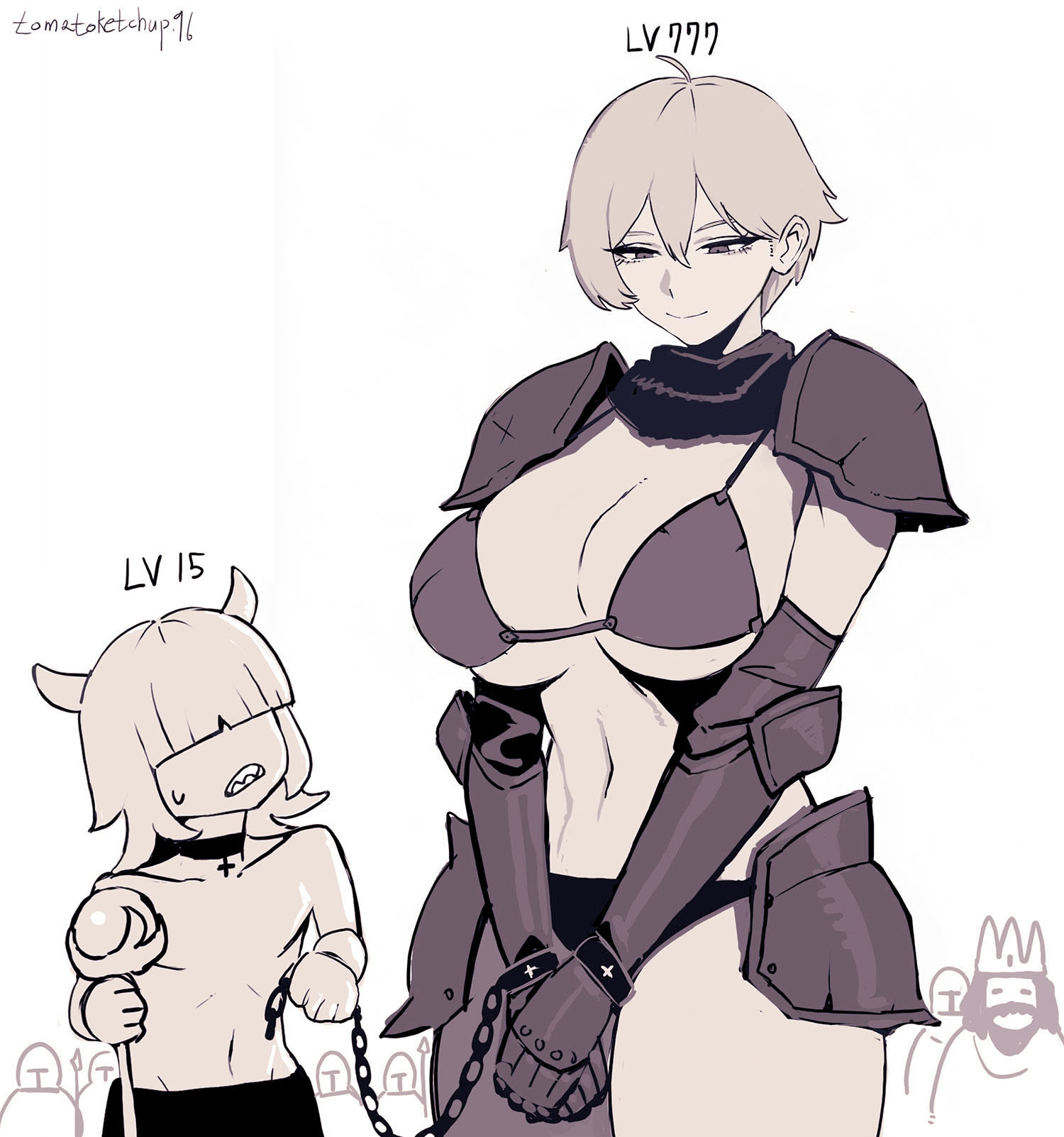 -light skin, 1boy, 1girls, 2d, 2d (artwork), big boobs, big breasts, bigger female, boobs, breasts, caught, clothed, clothed female, clothed male, confused, crowd, defeated, defeated female, defeated heroine, demon, demon boy, femsub, height difference, horned, horned humanoid, horns, human female, large boobs, large breasts, larger female, light-skinned female, maledom, shorter male, size difference, smaller male, submissive female, villain, willing sub