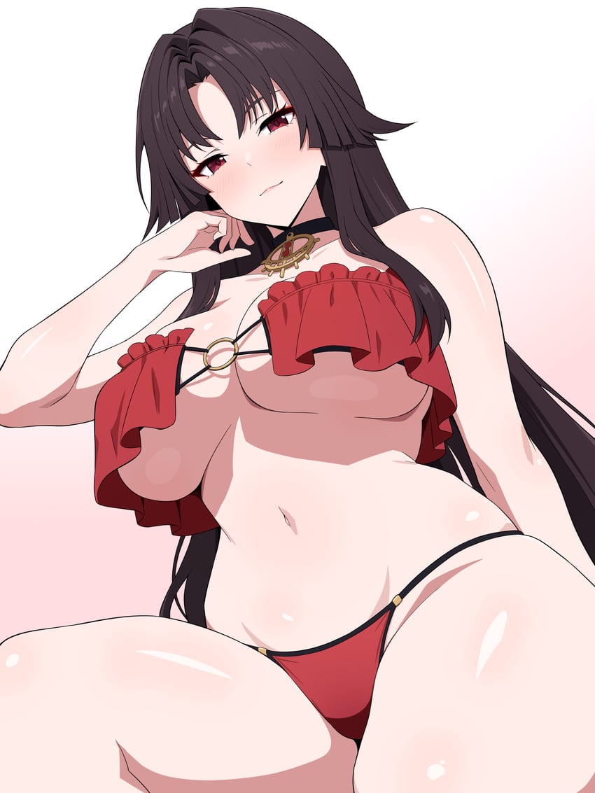 1girl, absurdres, bare arms, bikini, black choker, black hair, blush, breasts, choker, closed mouth, commentary request, gradient background, highres, hotori (neverness to everness), large breasts, looking at viewer, mei ichi, navel, neverness to everness, parted bangs, red background, red bikini, red eyes, sitting, smile, solo, swimsuit, tagme, thighs, underboob, white background
