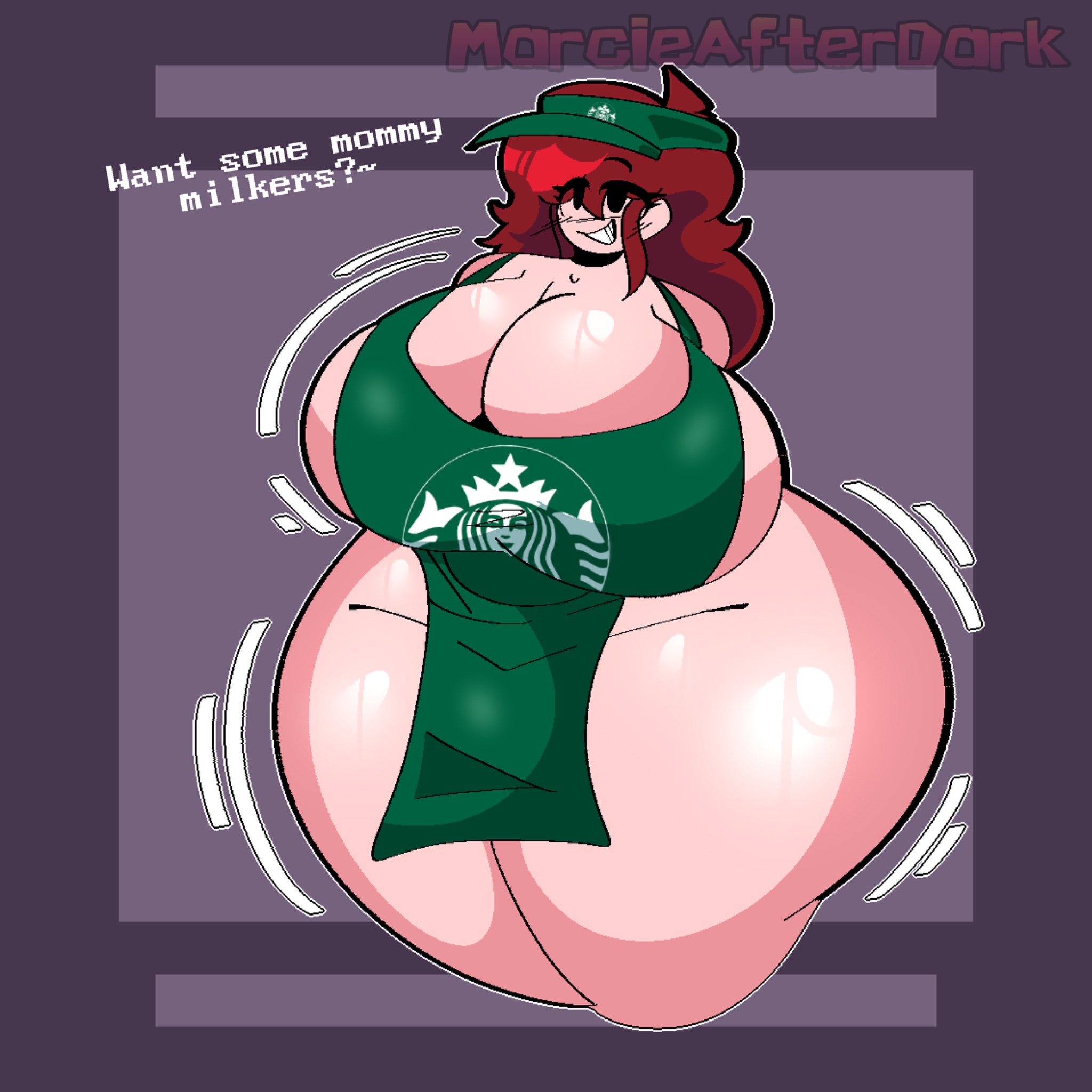 apron, apron only, auburn hair, barely clothed, big breasts, blush, breasts, chubby, chubby female, dialogue, dress, female, female only, friday night funkin, girlfriend, girlfriend (fnf), girlfriend (friday night funkin), huge breasts, long hair, looking at viewer, shiny skin, simple background, solo, solo female, starbucks, starbucks uniform, teasing, thick thighs, thighs, voluptuous, wide hips, wobbling ass