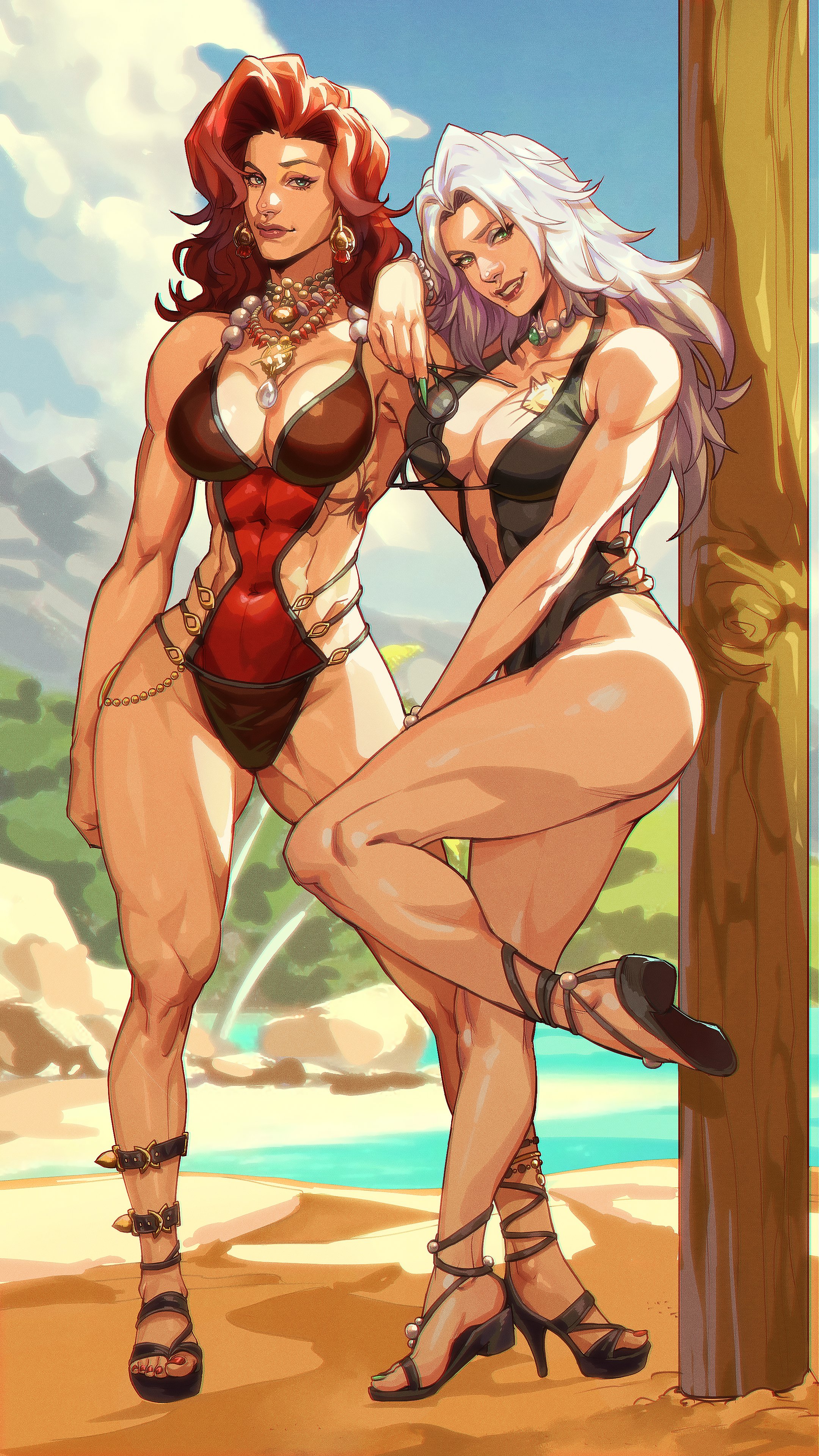 2026, 2d, 2girls, abs, avengers, big ass, big breasts, bikini, black cat (coastal cat), black cat (marvel rivals), black cat (marvel), black widow (aquatic assassin), black widow (marvel rivals), black widow (marvel), felicia hardy, female, fully clothed, heels, hisao illust, marvel, marvel rivals, natasha romanoff, red hair, spider-man (series), swimsuit, swimwear, thick thighs, v string bikini, white hair