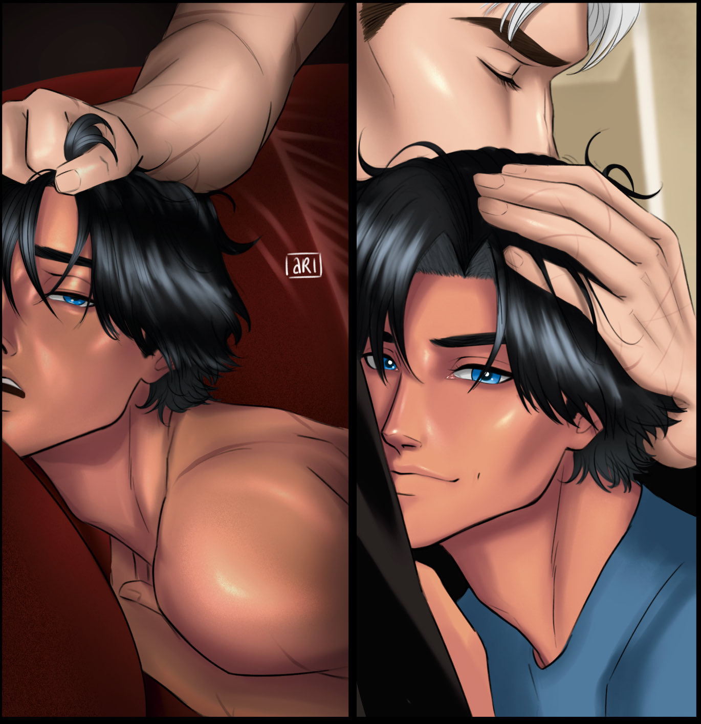 2boys, adoptive incest, alternate skin color, batcest, batman (series), bishonen, blue eyes, darkened skin, day vs night, dc, dc comics, dick grayson, dominant male, duo, dynamic angle, dynamic composition, dynamic perspective, dynamic pose, gay, hair grab, hand on head, hugging, implied sex, inseki, jason todd, male, male focus, male only, maledom, malesub, meme, nightwing, no visible genitalia, pleasure face, red hood (dc), scar, sole male, sometimes like this also like that, streaked hair, submissive, submissive male, suggestive, suggestive pose, white strand of hair, yaoi