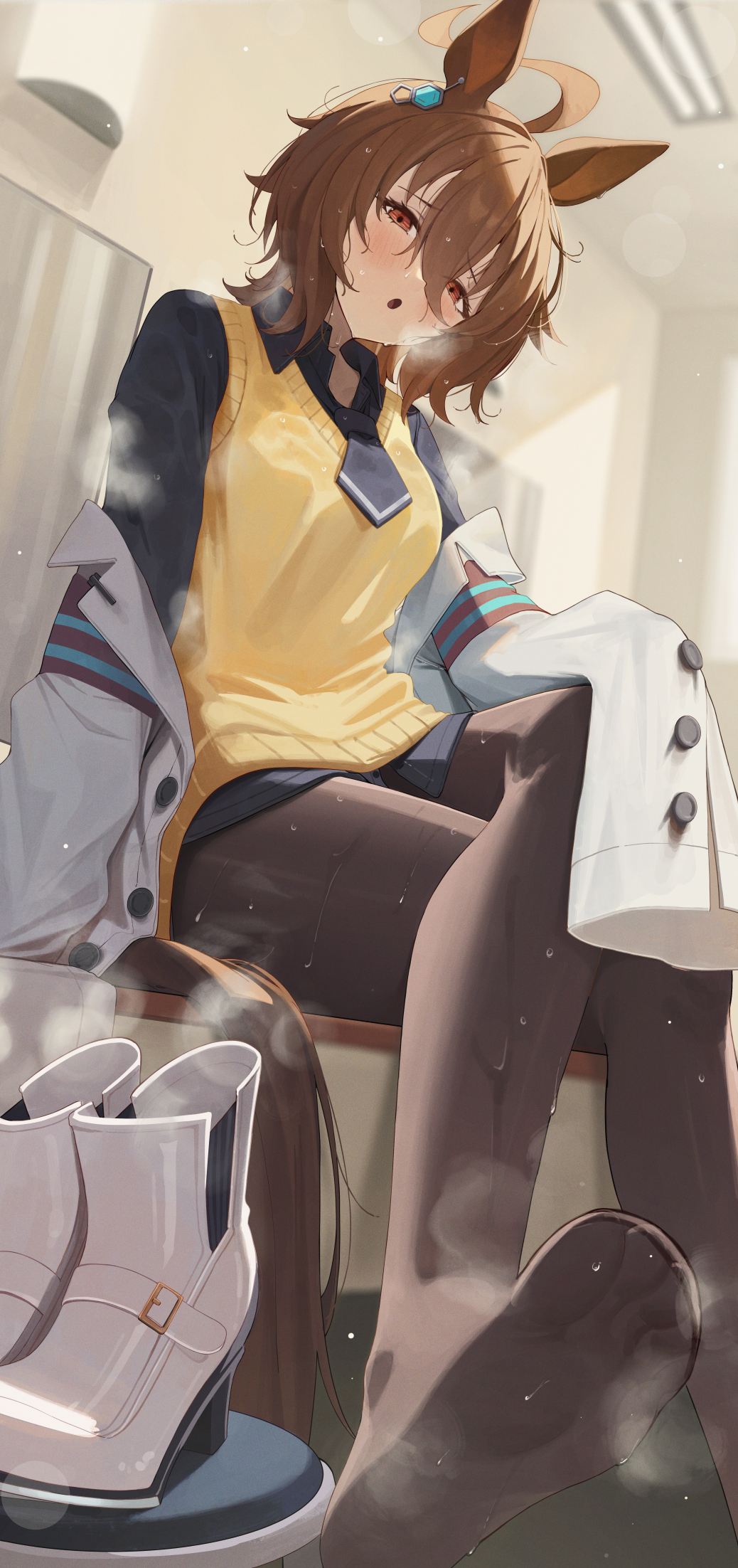 1girl, 1girls, agnes tachyon (tach-nology) (umamusume), agnes tachyon (umamusume), blush, boots, crossed legs, feet, foot focus, from below, highres, horse girl, indoors, jacket, legs, necktie, ningen gokko, no shoes, sitting, skirt, smell, soles, solo, sweat, sweater, tail, toe seam, toes, umamusume, unworn shoes, wet