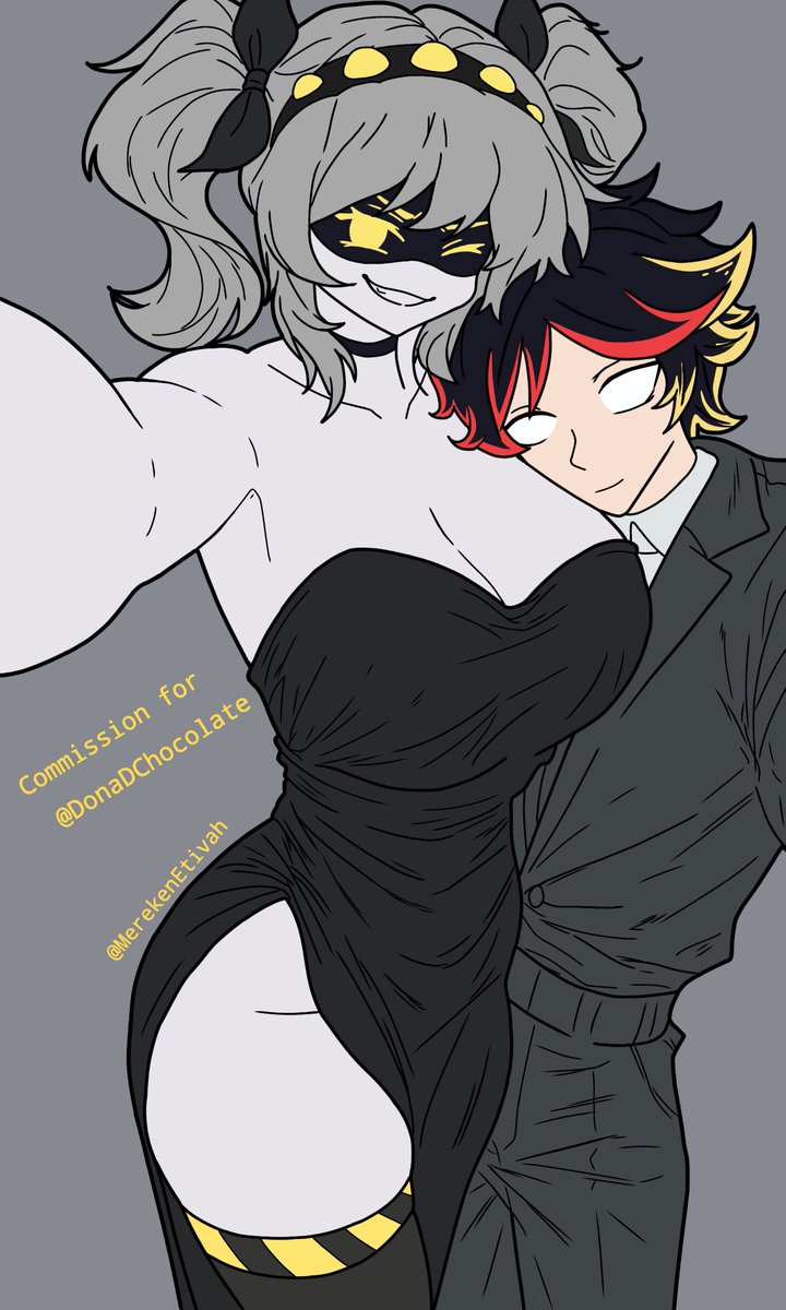 1boy, 1girls, 1girls1boy, black dress, dress, grey background, grey hair, j (murder drones), male/female, murder drones, oc, sexy female, thick thighs, thighs, white eyes, yellow eyes
