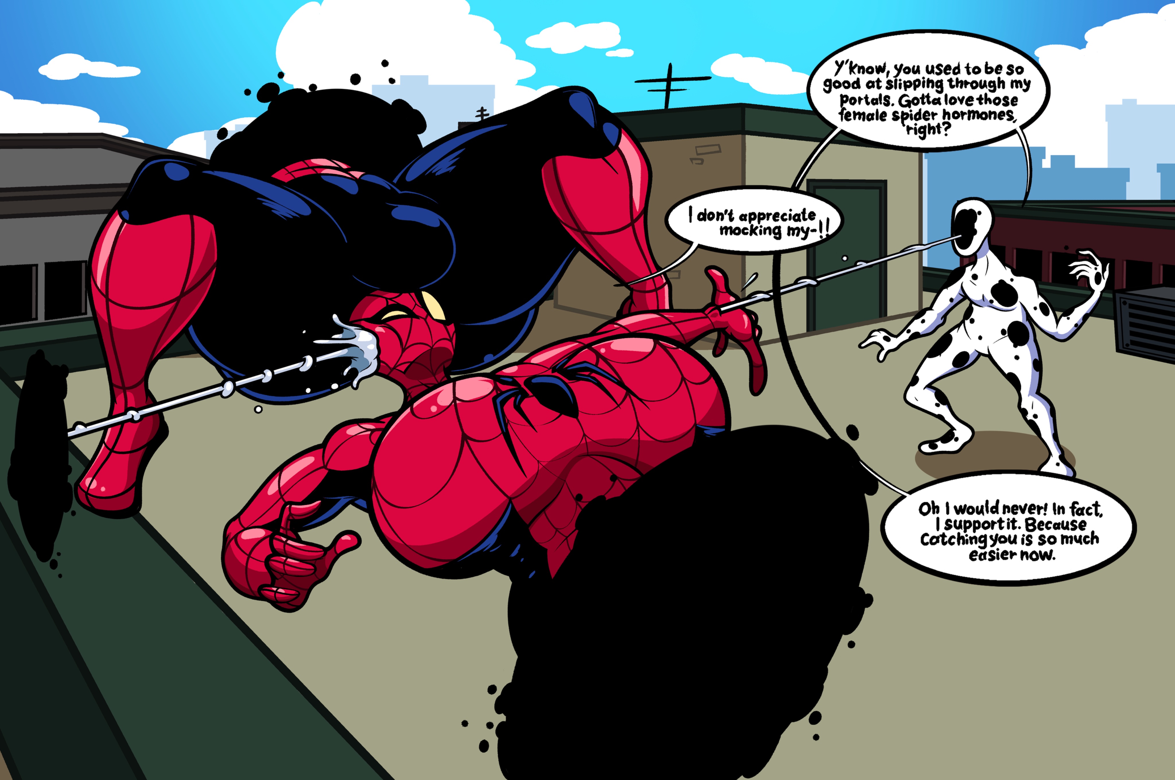 ass bigger than head, balls on face, big ass, big breasts, breasts, breasts bigger than head, bulge, marvel, minusbrush, petra parker, spider-man (series), spider-woman, the spot (marvel), thinking with portals, transgender