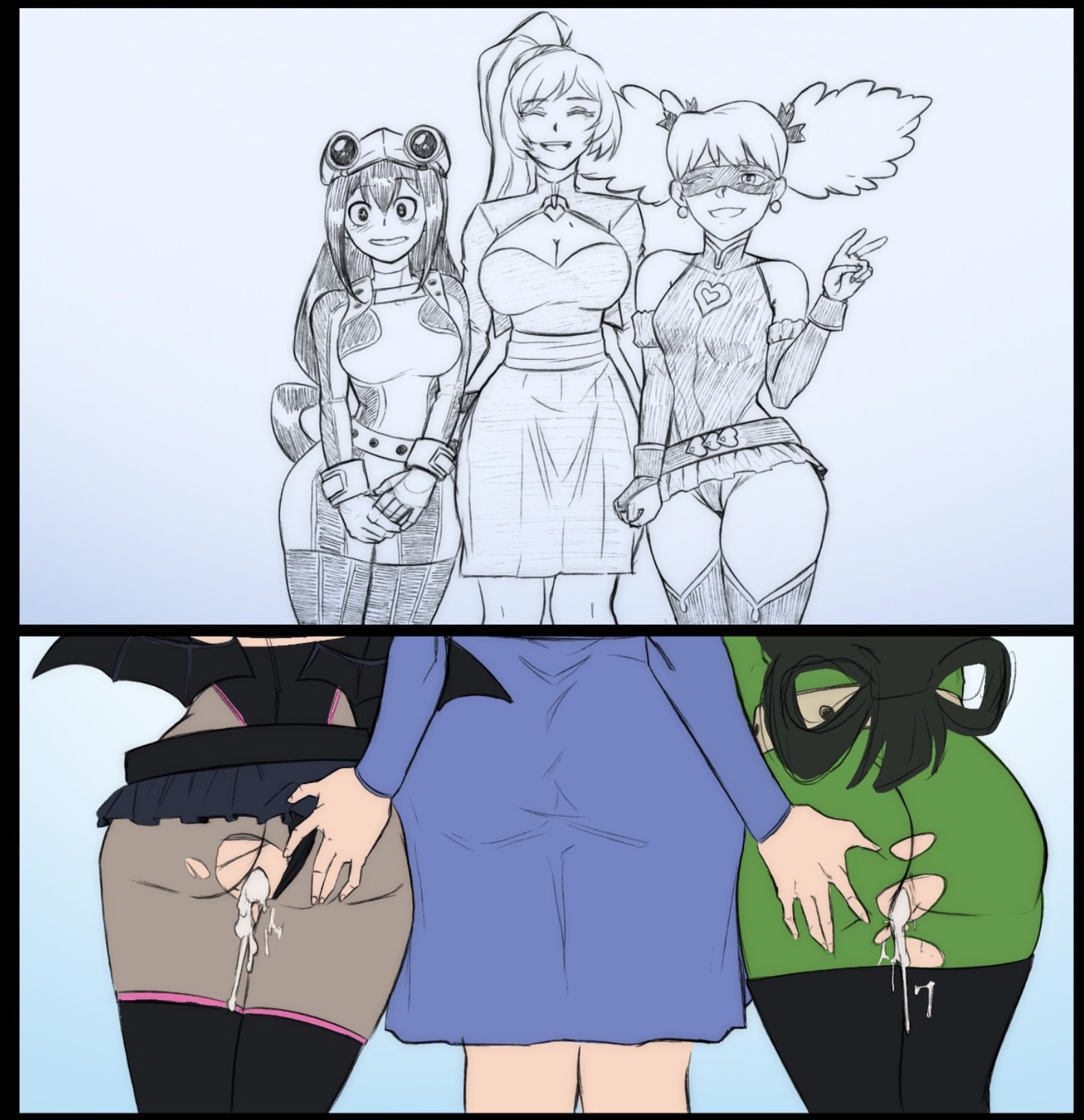after sex, artist request, ass, ass grab, boku no hero academia, creampie, crossover, double ass grab, eastern and western character, froppy, futanari, green hair, haneyama kazuho, hero outfit (mha), heroine, implied futa, implied sex, my hero academia, pink hair, pop step, rwby, stealth ass grab, tsuyu asui, weiss schnee, weiss schnee (mistral)