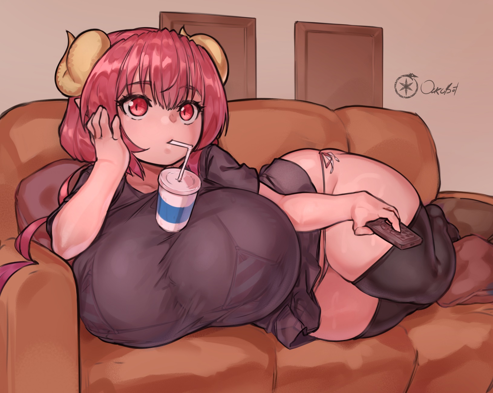 1girl, bikini, bikini visible through clothes, black shirt, black thighhighs, breasts, controller, couch, cup, curled horns, curvy, dragon girl, dragon horns, drinking, gigantic breasts, hand on own face, highres, holding, holding controller, holding remote control, horns, huge breasts, ilulu, ilulu (dragon maid), ilulu (maidragon), ilulu (miss kobayashi's dragon maid), indoors, kobayashi-san chi no maidragon, legs together, lying, miss kobayashi's dragon maid, object on breast, on couch, on side, oppai loli, ourobot, pointy ears, red hair, remote control, see-through clothes, see-through shirt, shirt, shortstack, slit pupils, solo, striped bikini, striped clothes, swimsuit, thick thighs, thighhighs, thighs, underwear, yellow horns