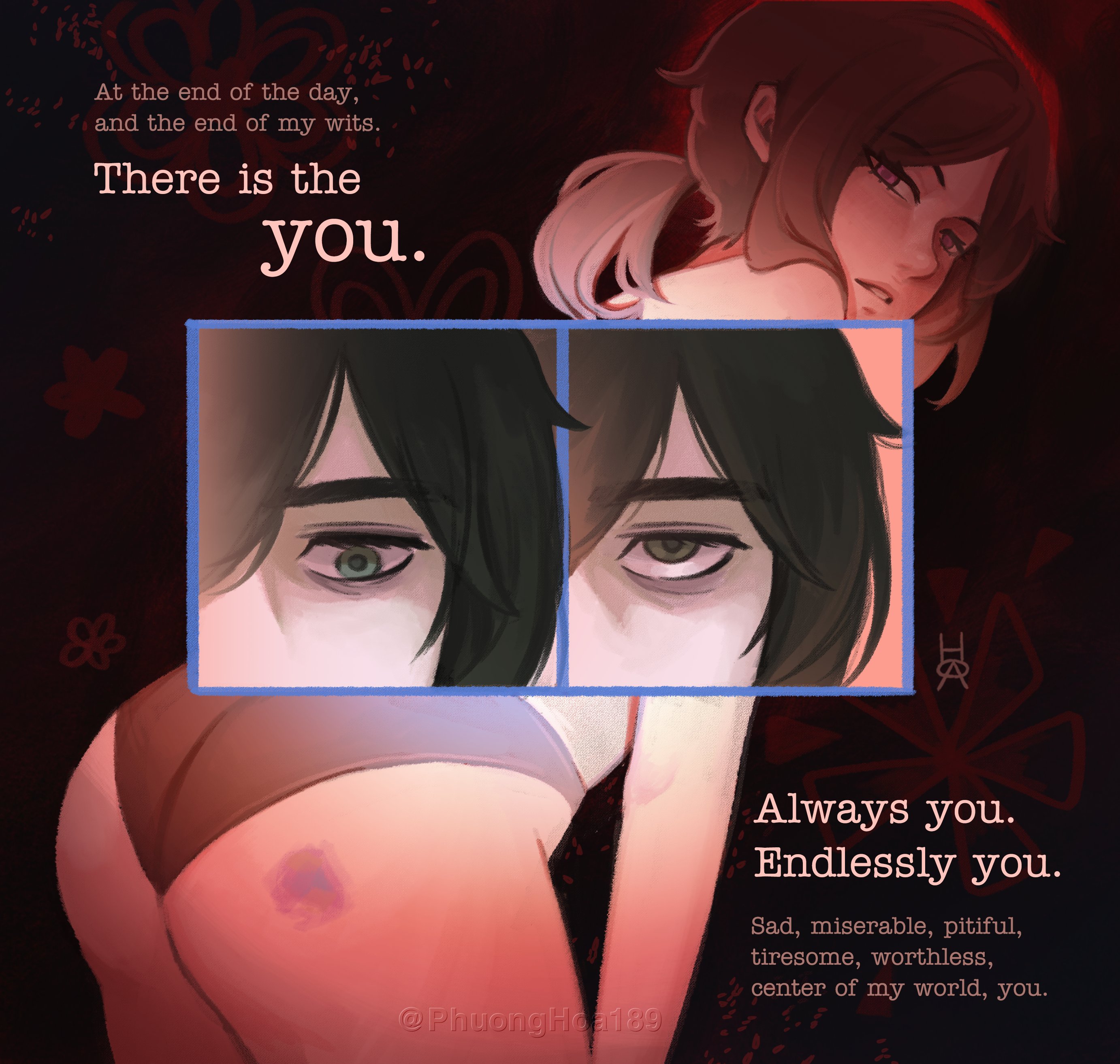1boy, 1girls, 2d, andrew graves, ashley graves, ass, black hair, brother and sister, bruise, english text, female, green eyes, incest, looking at viewer, looking back, male, panties, phuonghoa198, pink eyes, ponytail, siblings, straight, the coffin of andy and leyley