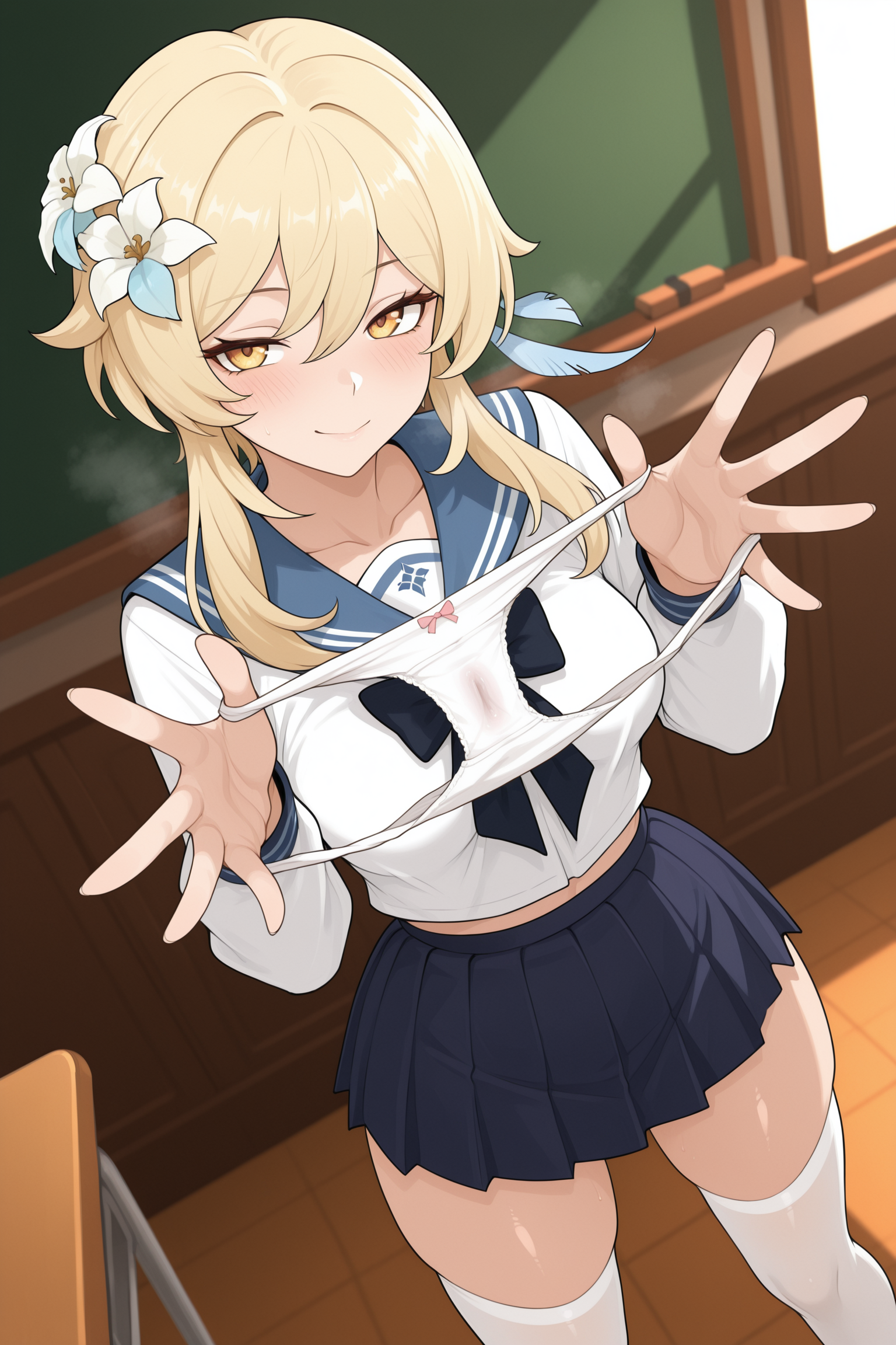 1girl, 1girls, ai generated, blonde hair, blush, classroom, day, female, female focus, female only, flower, flower in hair, flower888, genshin impact, hair ornament, holding, holding panties, holding underwear, holding unworn clothes, hoyoverse, indoors, looking at viewer, lumine (genshin impact), medium breasts, mihoyo, patreon, patreon username, presenting, presenting panties, presenting removed panties, removing clothing, removing panties, school, school uniform, schoolgirl, schoolgirl uniform, seductive, seductive look, seductive smile, shiny skin, shirt, short hair, skindentation, skirt, smile, solo, solo female, solo focus, stained panties, standing, steaming body, thick thighs, thighhighs, thighs, unworn panties, white shirt, white thighhighs, yellow eyes