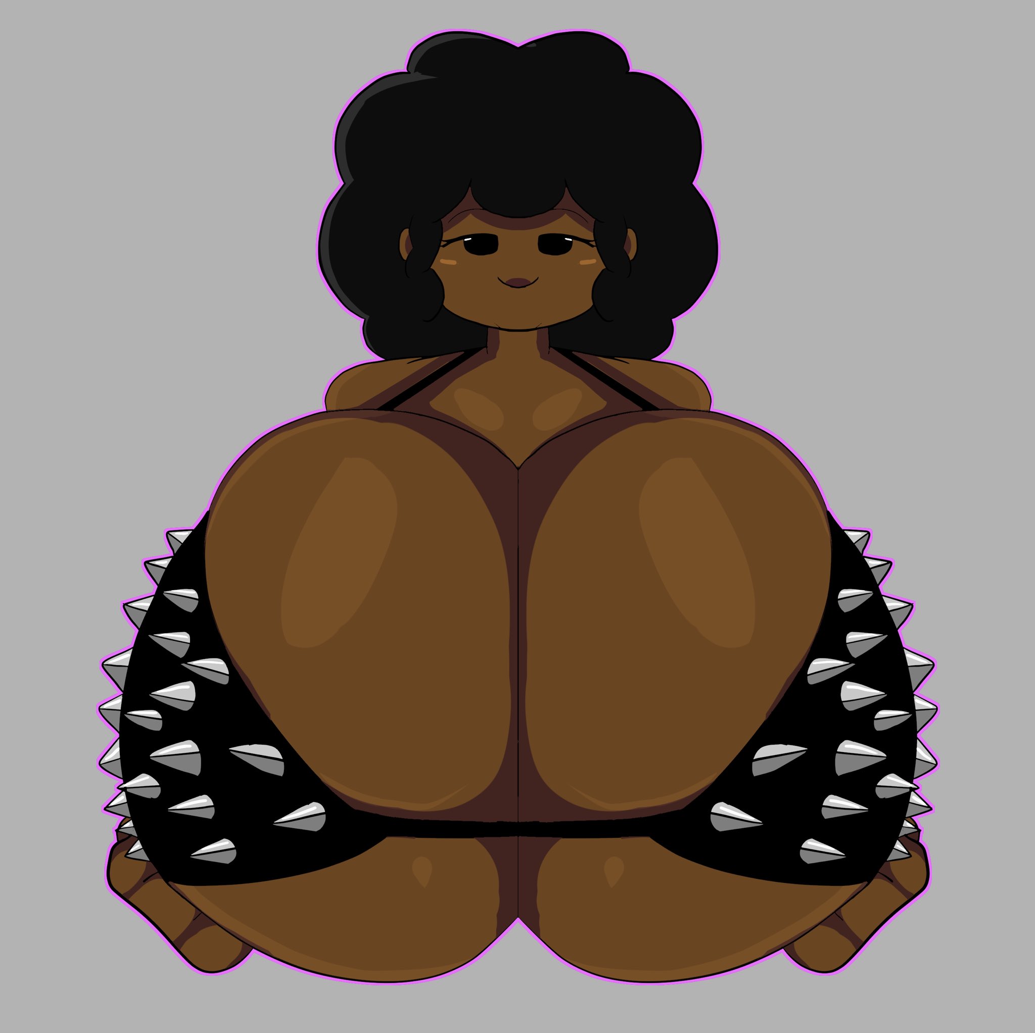 1girls, afro, black eyes, black hair, bra, breasts, breasts bigger than head, breasts focus, carol (bbpanzu), cleavage, dark skin, dark-skinned female, ebony, female, friday night funkin, friday night funkin mod, grey background, hyper breasts, looking at viewer, massive breasts, mob face, smile, smolbreedhole, spiked bra, tagme