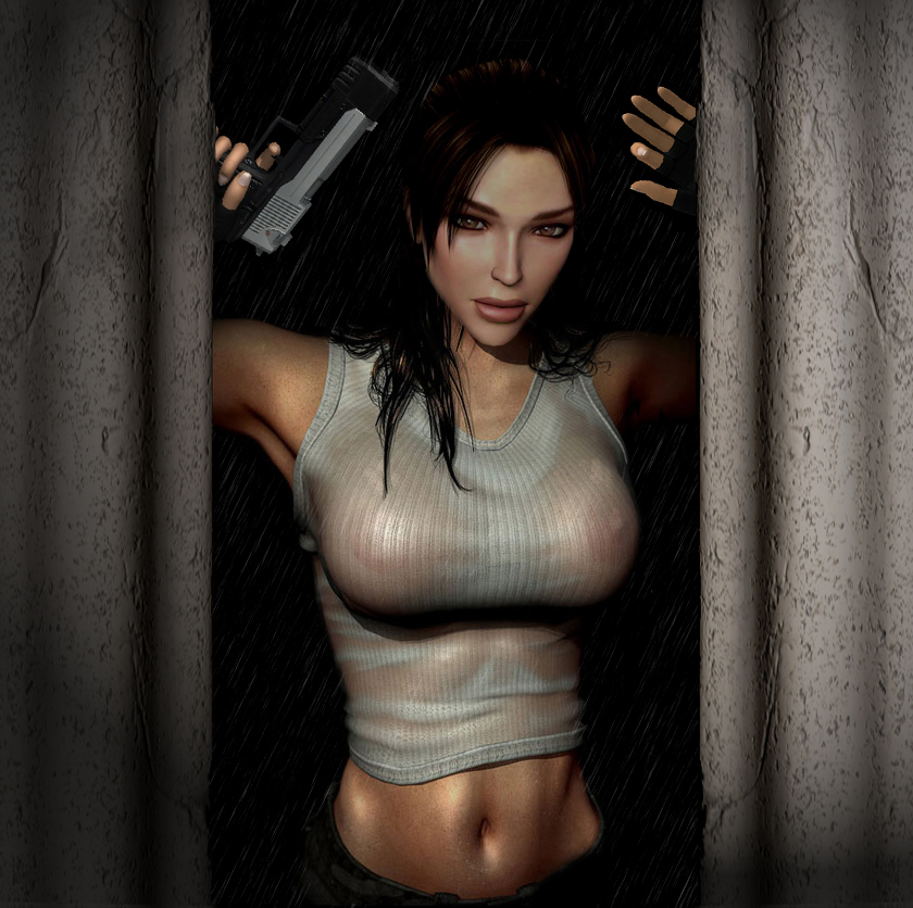 1girls, 3d, casual, female, female only, firearm, gun, handgun, handwear, human, lara croft, lara croft (l.a.u.), nipples, pale skin, see-through, sheer, solo, tomb raider, tomb raider (l.a.u.), weapon, wet