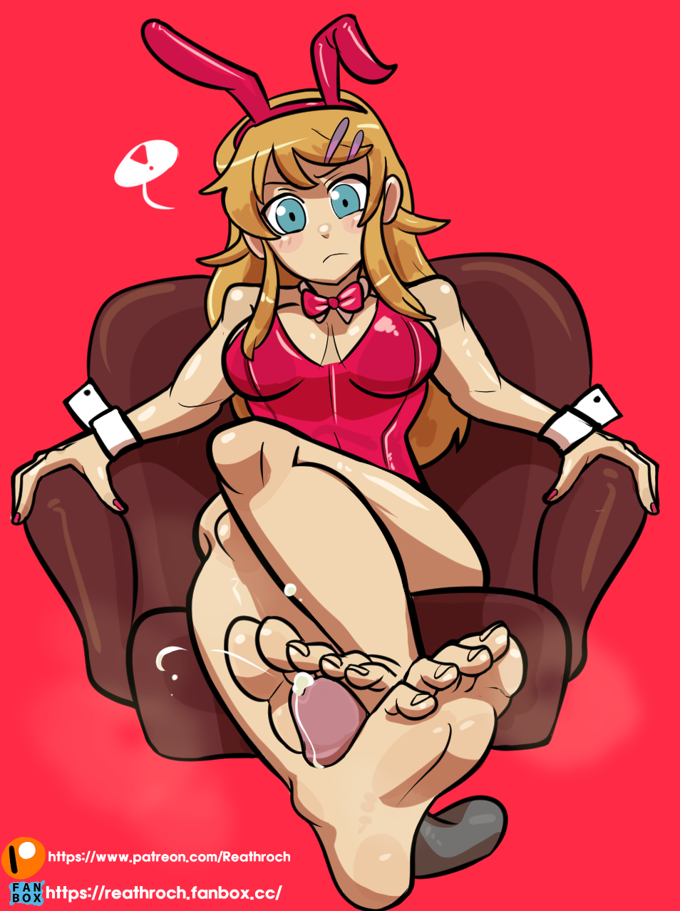 alternate_version_available barefoot blonde_hair blue_eyes blush bow_tie bunny_ears bunnysuit chair cleavage disembodied_penis english_text exclamation_point fanbox_logo fanbox_url feet female footjob hairclips kirino_kosaka long_blonde_hair long_hair looking_at_viewer male medium_breasts my_little_sister_can't_be_this_cute patreon_logo patreon_url penis reathroch red_background shirt_collar shirt_cuffs sitting_on_chair speech_bubble text