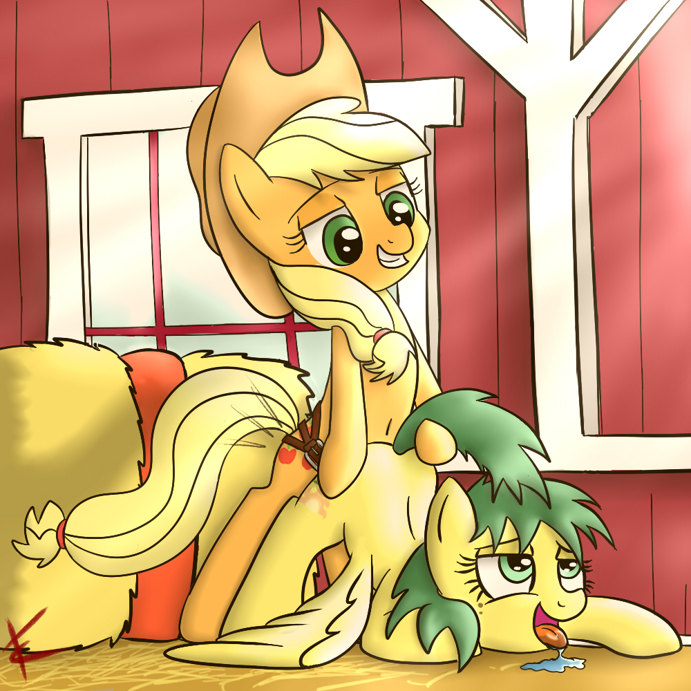 applejack_(mlp) barn blonde_hair cowboy_hat cradeelcin cutie_mark dildo equine female feral friendship_is_magic fucked_silly furry green_eyes hair hat hay horse multiple_females my_little_pony no_humans original_character pegasus penetration pony saliva sex sex_toy strap-on uncensored wings yuri