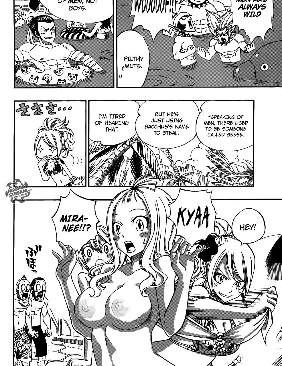 2010s 2012 bacchus_groh bikini enf english_text fairy_tail female jenny_realight large_breasts lisanna_strauss lucy_heartfilia macao_conbolt manga mirajane_strauss monochrome narutou9 nipples speech_bubble stolen_bikini stolen_swimsuit undressing wakaba_mine water