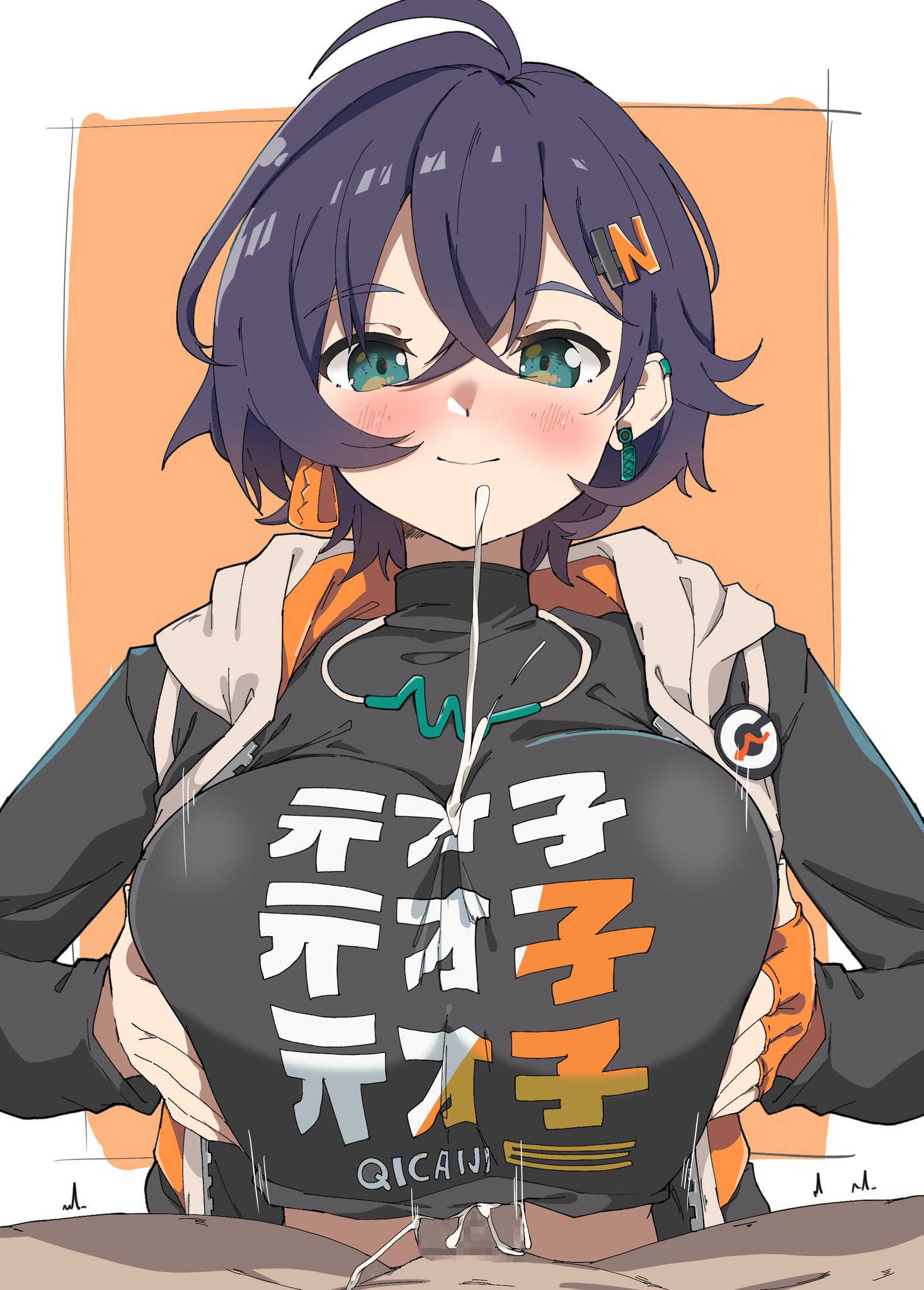 1boy1girl, belle (zenless zone zero), big breasts, blue hair, blushing, cum between breasts, cumming from paizuri, cumshot, green eyes, hair ornament, large breasts, looking at viewer, male pov, paizuri, paizuri under clothes, spy artservice, zenless zone zero