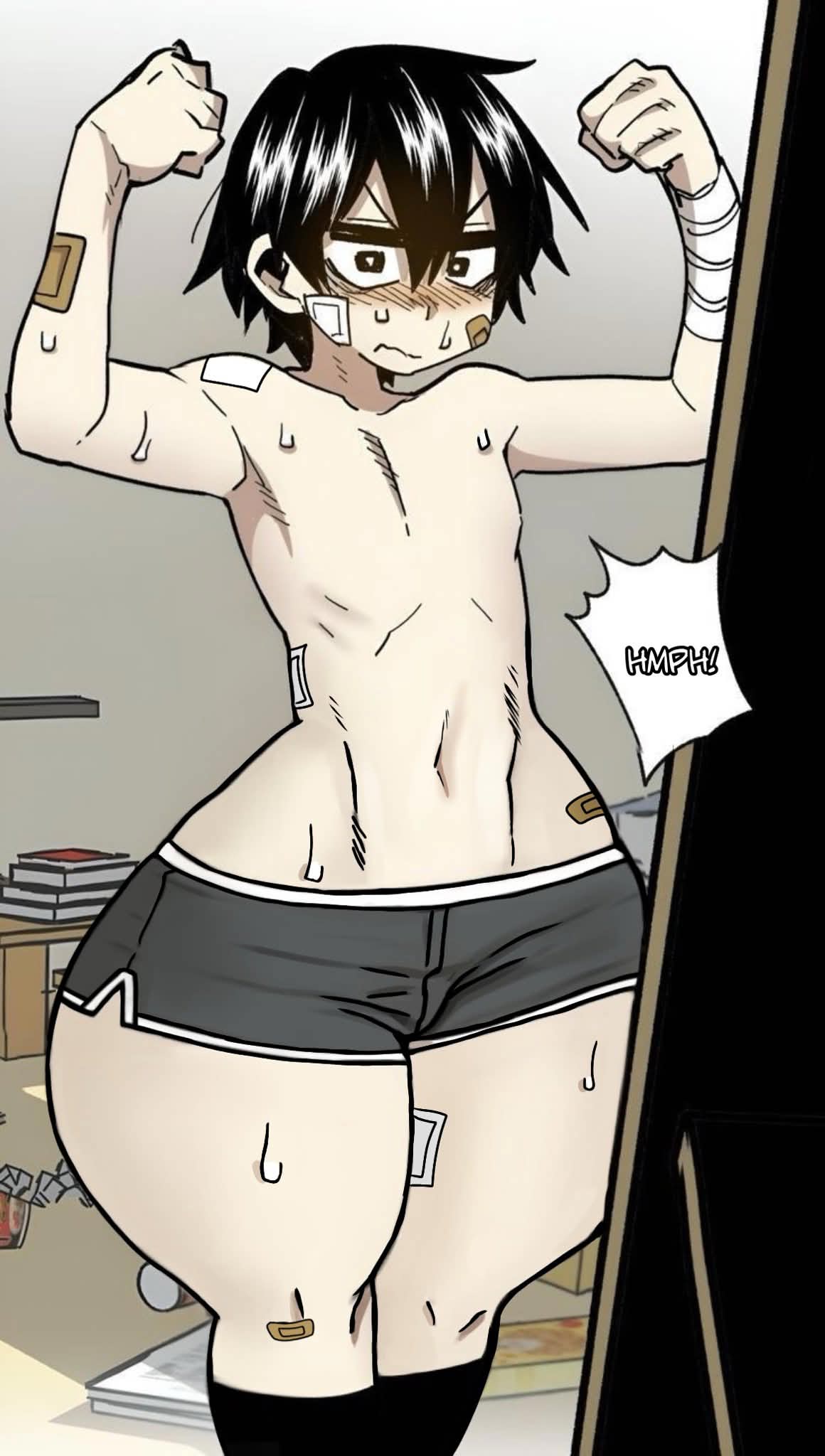 1boy, 1male, ass, ass bigger than head, bandage, bandaged arm, bandaid, bandaid on face, bedroom, big ass, black hair, black socks, blushing, bottom heavy, bubble butt, bulge, clothing, dyenform, edit, edited art, english, english dialogue, english text, fat ass, femboy, femboy only, feminine male, flex, flexing, flexing arms, front view, gauze, gauze on cheek, gray shorts, greasy hair, grey shorts, gym shorts, hips wider than shoulders, hooni (suicide boy), huge ass, huge thighs, kneehighs, korean, large ass, lee hoon, looking at mirror, male, male only, massive ass, motion lines, onomatopoeia, panels, parkgee, pathetic male, pout, shirtless, shirtless male, short shorts, shorts, socks, soft boy, solo, standing, stomach, suicidal, suicide boy, sweat, sweatdrop, sweating, sweaty ass, sweaty body, text, text bubble, thick ass, thick thighs, thunder thighs, tight shorts, weak male, white shirt, wide hips