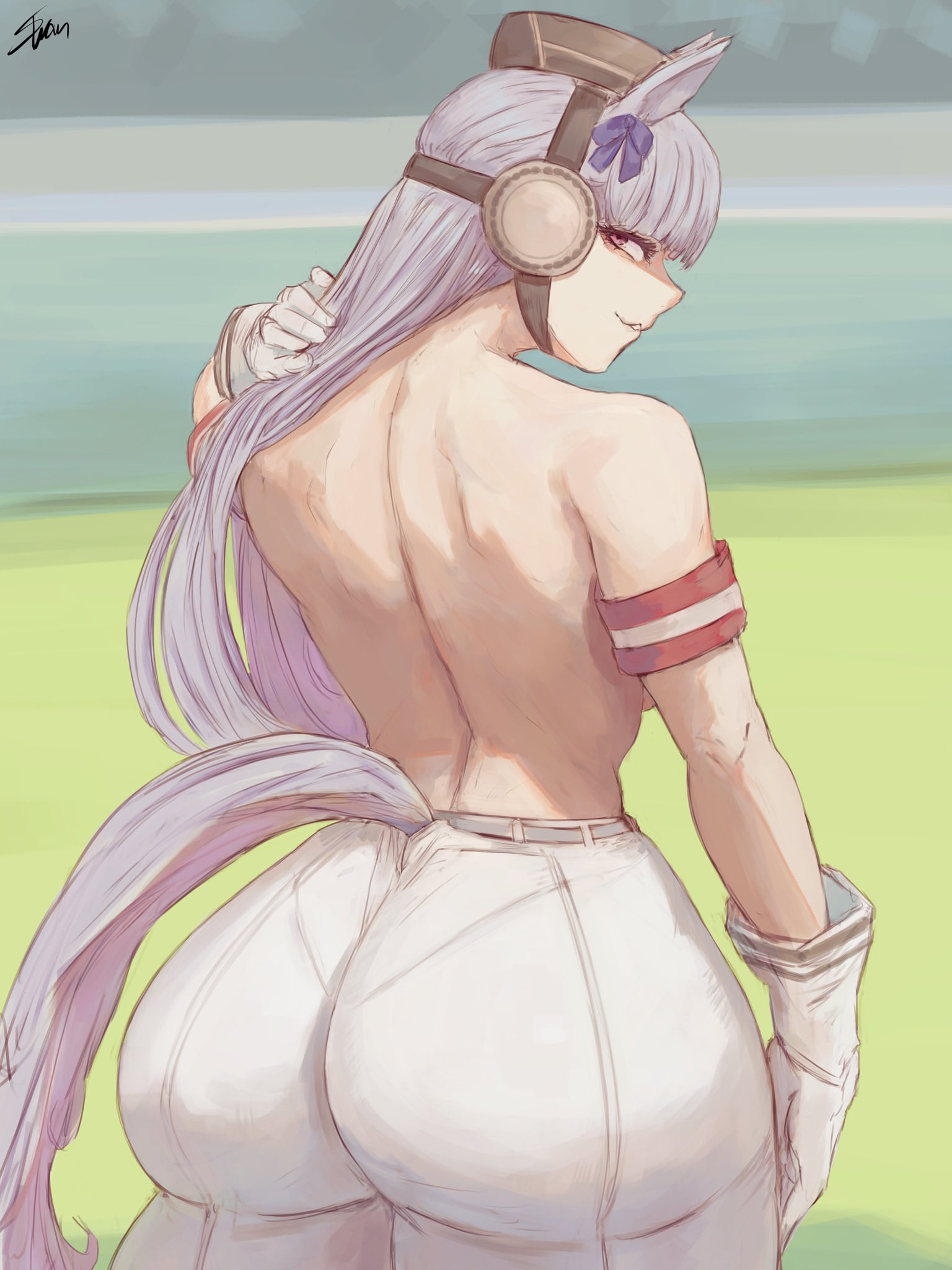 animal ears, armband, artist name, ass, backboob, bow, breasts, brown hat, ear bow, ear ribbon, from behind, gloves, gold ship (red strife) (umamusume), gold ship (umamusume), hand on own shoulder, hat, highres, horse ears, horse girl, horse racing track, horse tail, long hair, looking at viewer, looking back, pants, pillbox hat, striped armband, striped clothes, tail, topless female, umamusume, white gloves, white hair, white pants