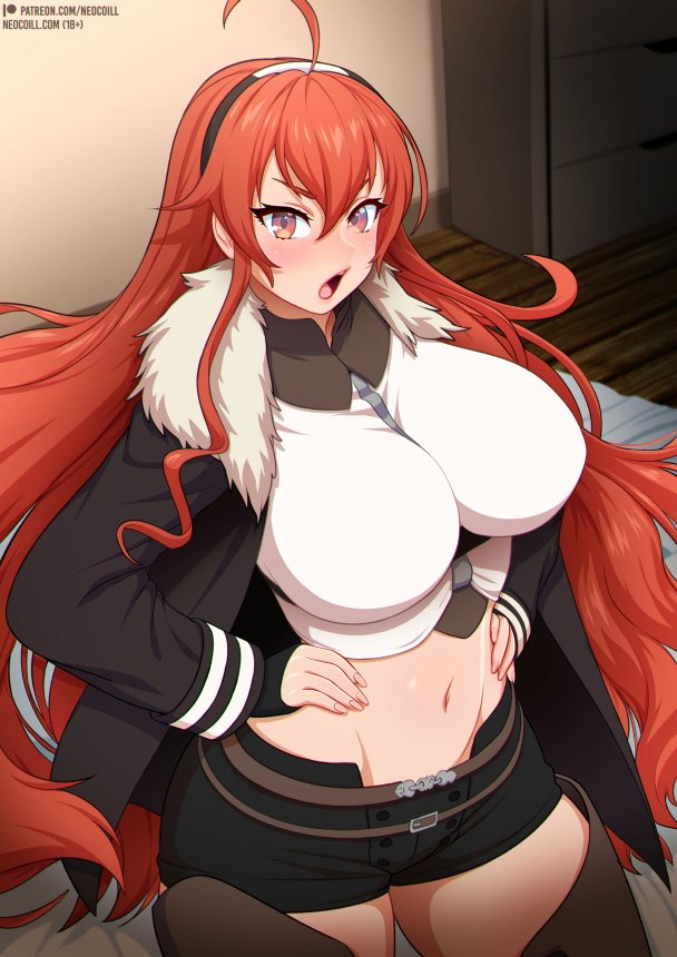 1girl, ahoge, black hairband, black shorts, blush, breasts, commentary, crop top, crossed bangs, english commentary, eris greyrat, eris greyrat (adult), fur trim, hair between eyes, hairband, hourglass figure, jacket, large breasts, long hair, looking at viewer, mushoku tensei, navel, neocoill, red eyes, red hair, shirt, shorts, solo, thighs, very long hair, white shirt
