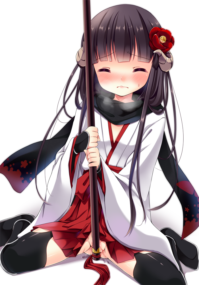 black_hair black_legwear blush closed_eyes hair_ornament hakama holding horns inu_x_boku_ss irori japanese_clothes long_hair looking_at_viewer masturbation no_panties pussy_juice shirakiin_ririchiyo sitting solo thighhighs wariza