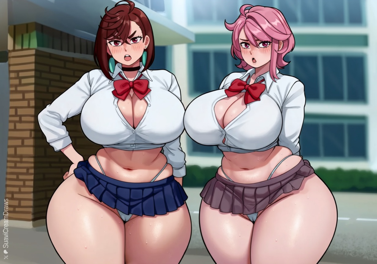 2girls, annoyed expression, dandadan, huge ass, huge breasts, microskirt, miniskirt, momo ayase, panties, school uniform, schoolgirl, shiratori aira (dandadan), skirt, suavicreamdraws, textless, third-party edit, thong, voluptuous, wide hips
