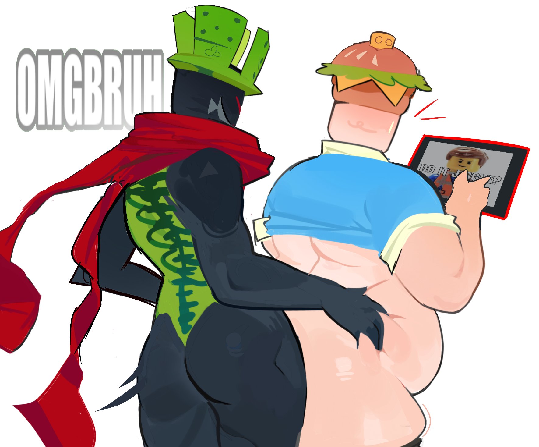 007n7 (forsaken), 1x1x1x1 (forsaken), 2boys, big thighs, black skin, burger, burger hat, chubby male, dilf, fat ass, fat butt, fat male, forsaken (roblox), grabbing tummy, jackpot, male, male only, mangopurin, meme in the background, penis in ass, roblox, roblox game, robloxian, scarf, shiny skin, size difference, smirk, surprised expression, text, white male