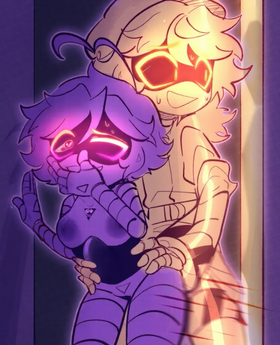 1boy, 1girls, 1girls1boy, closet sex, cum in pussy, doggy style, intercourse, male/female, murder drones, n (murder drones), penetration, penis in pussy, purple eyes, purple hair, robot sex, secret sex, sex, tsukyiio, uzi (murder drones), vaginal, vaginal penetration, vaginal sex, yellow eyes