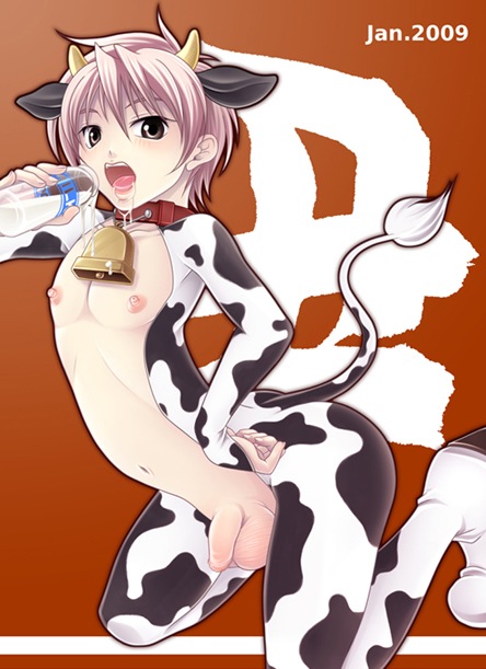 2009 animal anthro bell blush bottomless bovine bull collar costume drinking dripping ear erect_nipples flaccid hiro_(usukawa) horns human_livestock jar kneeling male male_only milk navel nipples open_clothes open_mouth open_shirt penis pink_hair print saliva scrotum solo tail testicles usukawa