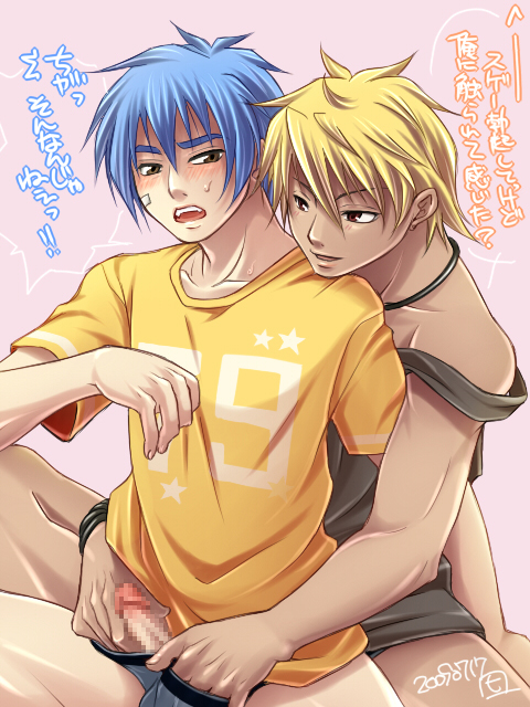 2009 blonde_hair blue_hair blush censored erection fangs fondling groping hand_in_underwear handjob japanese_text jewelry lowres male male_only multiple_males necklace open_mouth penis pixelated plaster smile sweatdrop underwear usukawa yaoi