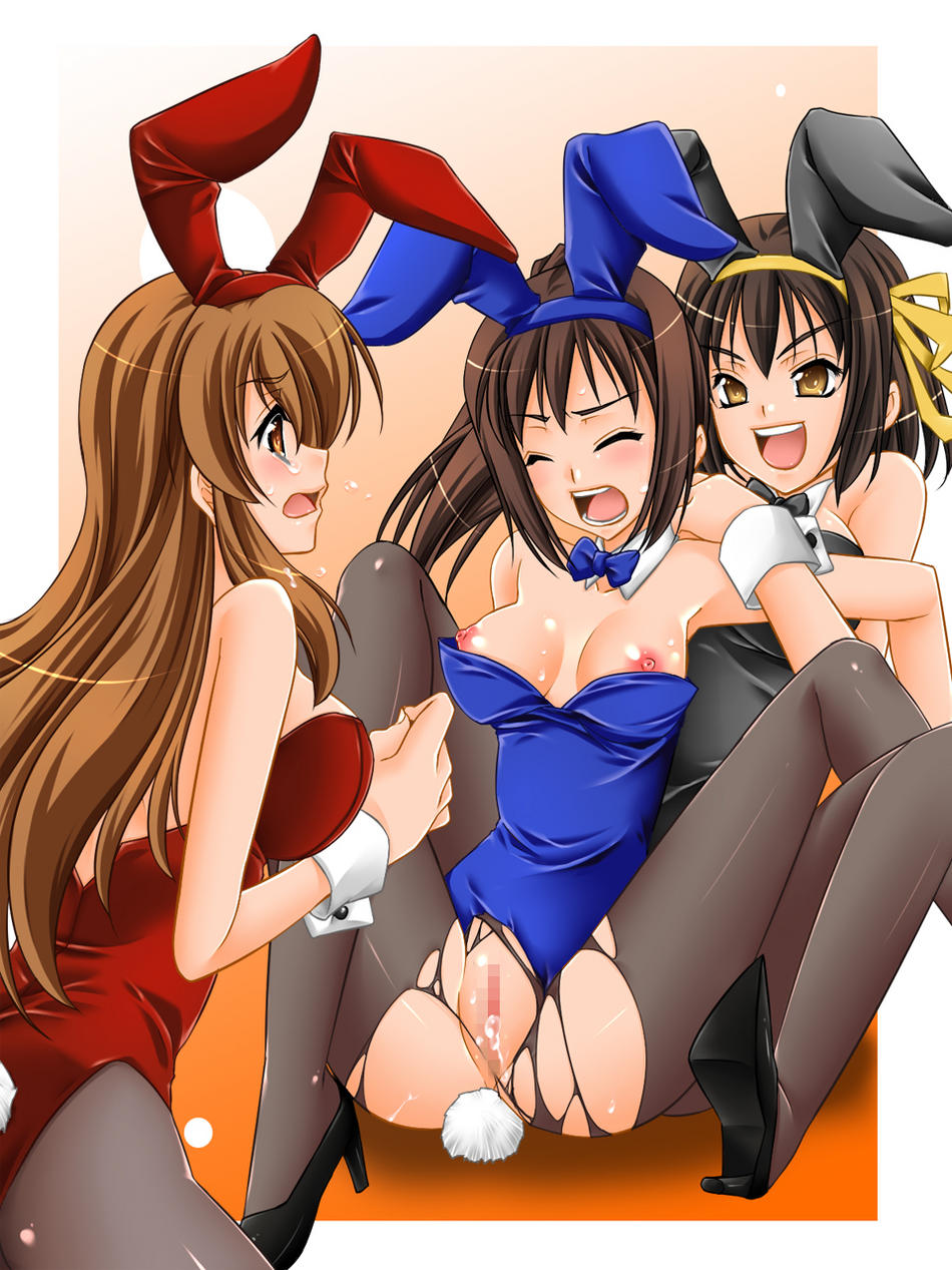 3girls animal_ears asahina_mikuru blackmail blush breasts brown_hair bunny_ears bunny_tail bunnysuit censored closed_eyes clothed_rape female female_only from_behind high_heels highres human kyon kyonko multiple_females nipple_slip nipples pantyhose pussy_juice rape smile suzumiya_haruhi suzumiya_haruhi_no_yuuutsu tears wrist_cuffs yuri