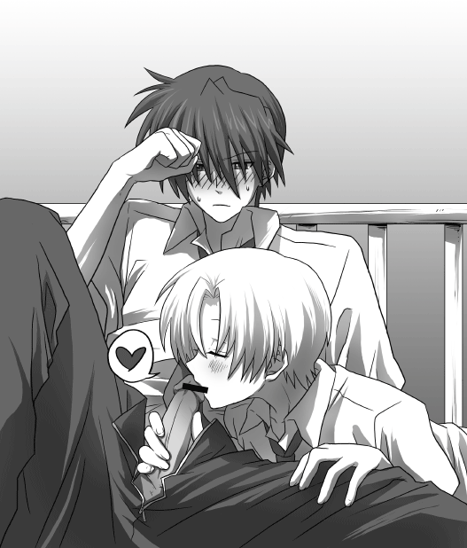 2boys blonde_hair blush censored clannad closed_eyes clothing fellatio femboy gay heart kissing male male_only monochrome multiple_boys multiple_males necktie okazaki_tomoya oral penis penis_kiss school_uniform short_hair spread_legs sunohara_youhei sweatdrop tie yaoi