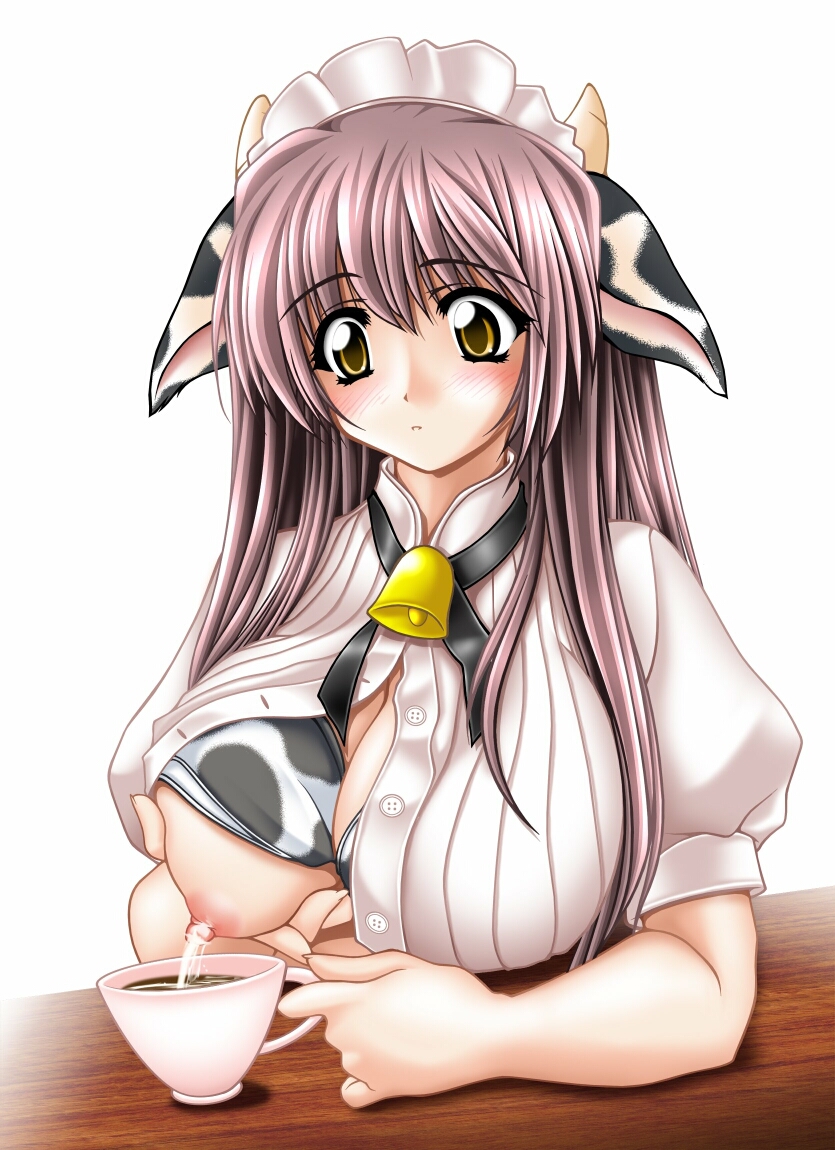 animal_ears bell breasts copyright_request cow_costume cow_girl cowbell cup lactation long_hair milk nipples purple_hair sky_lounge_garden teacup tomoya_kankurou