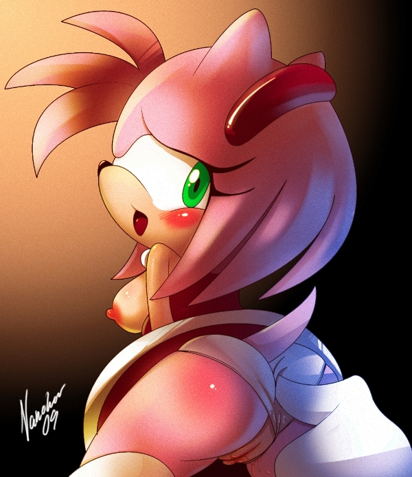 1boy 1girls amy_rose anthro ass back_view big_breasts blush breasts clothes dress female fur furry furry_ass green_eyes hedgehog looking_back nancher nipples open_eyes open_mouth panties pink_fur prodding sega solo_focus sonic_(series) sonic_the_hedgehog_(series) straight_hair tail underwear