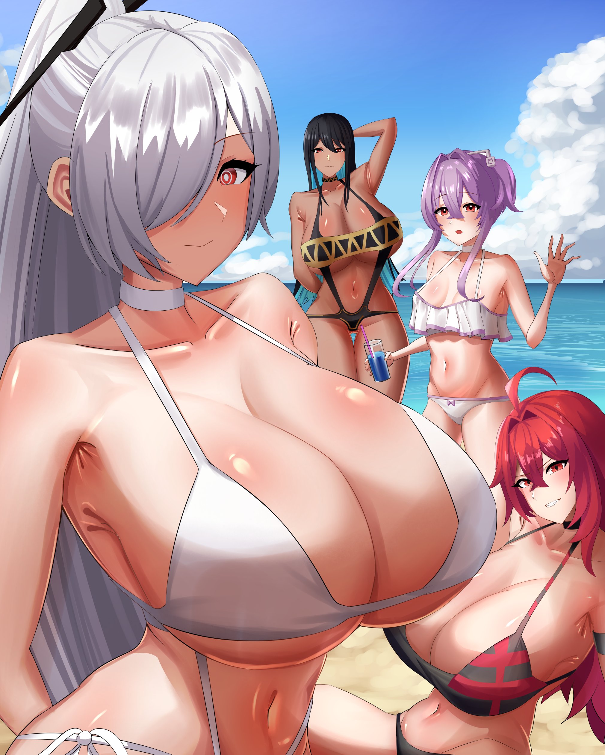 4girls, anachiro (nikke), beach, bikini, black hair, cinderella (nikke), goddess of victory: nikke, huge breasts, indivilia, indivilia (nikke), large breasts, liberalio (nikke), nihilister (nikke), purple hair, red hair, two tone bikini, white hair